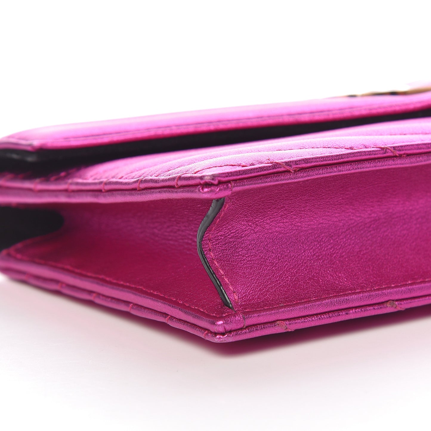 Metallic Calfskin Matelasse Chevron Monogram Envelope Chain Wallet Fuchsia