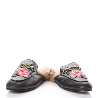 Gucci Calfskin Fur Flower Embroidered Womens Princetown Slippers 36 Black 6 of 11