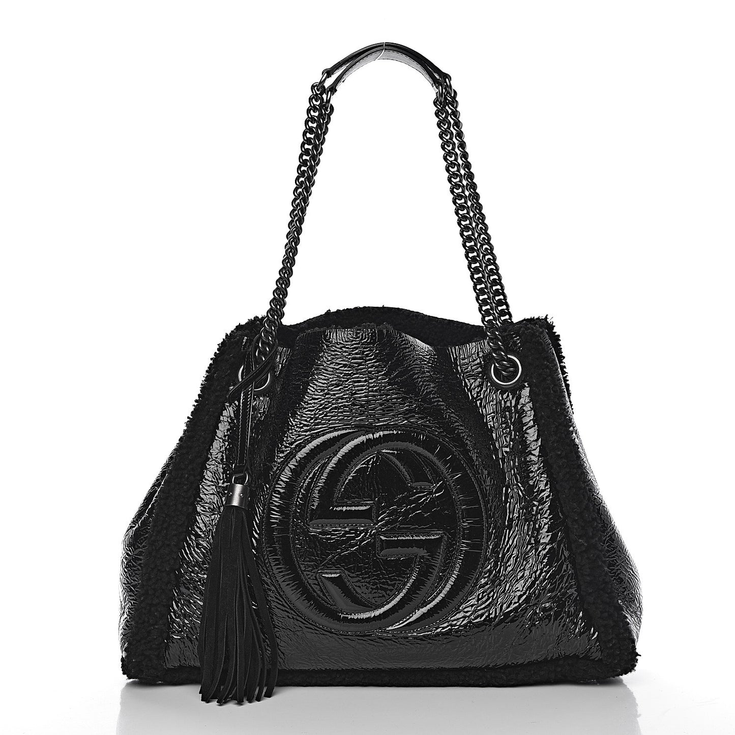 Patent Shearling Medium Soho Chain Shoulder Bag Black