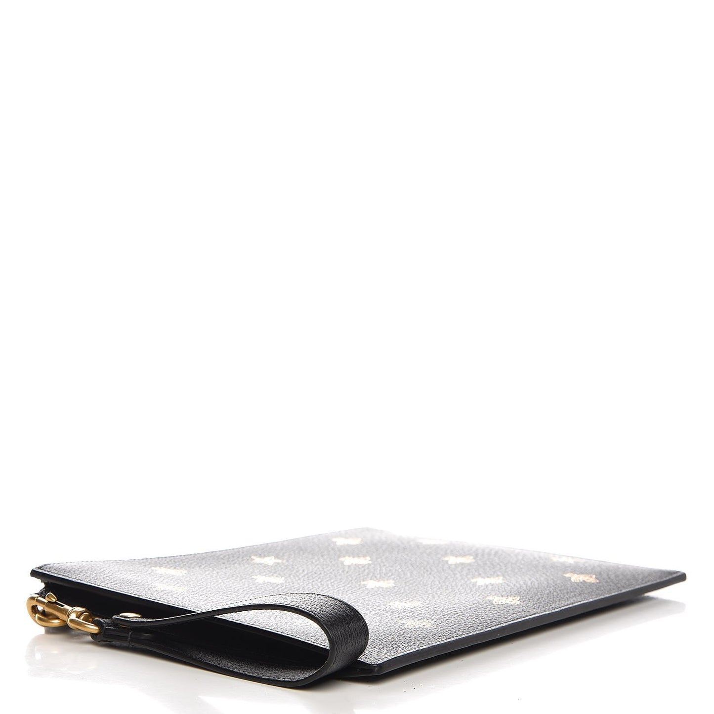 Dollar Calfskin Boar Effect Bee Star Zip Wristlet Pouch Black