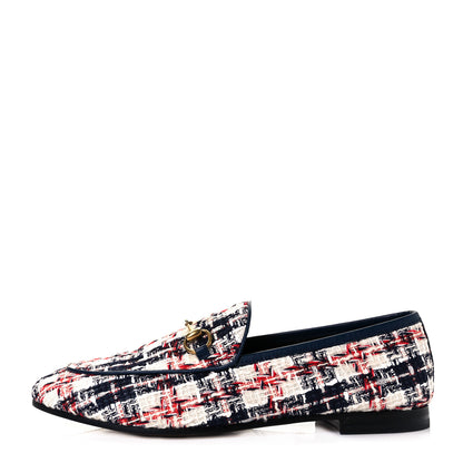 Gucci Tweed Check Horsebit Womens Jordaan Loafers 38.5 Gardenia Ink Blue Agata 1 of 8
