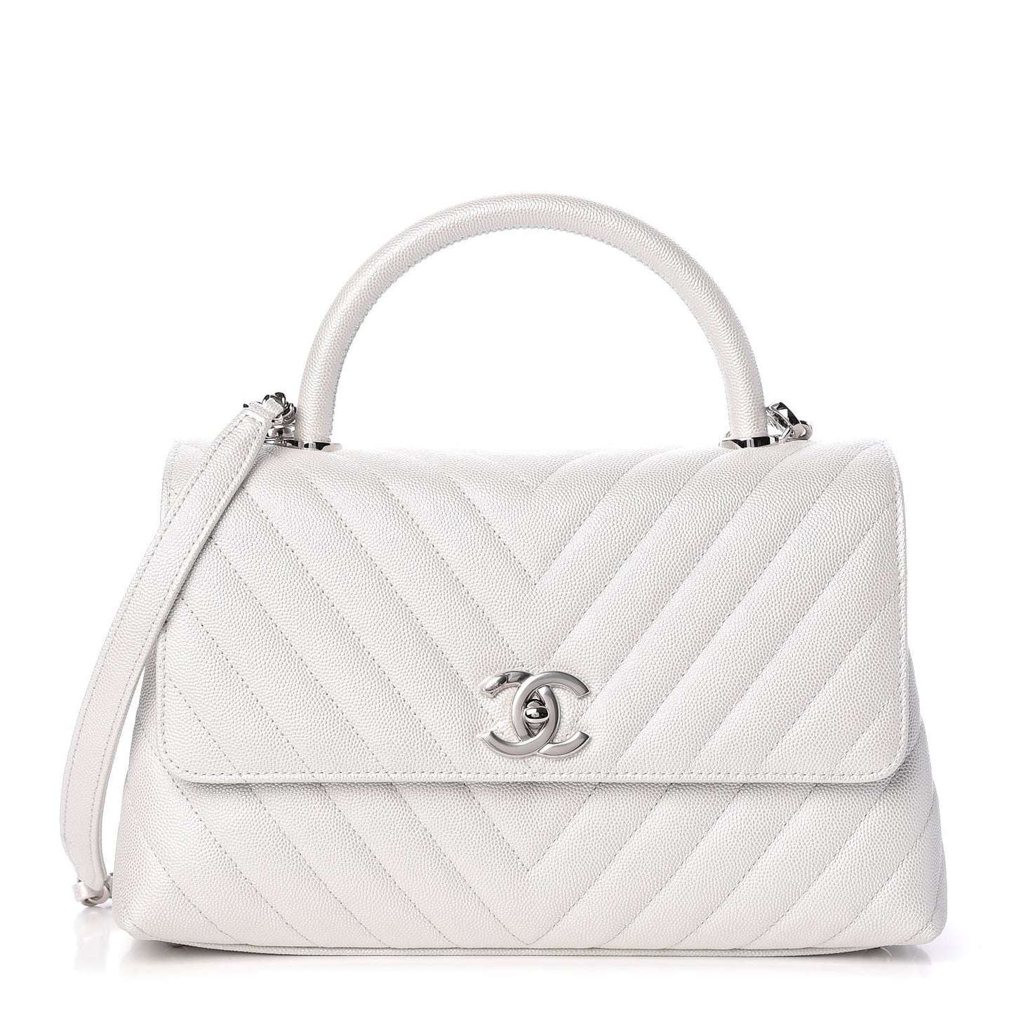 Iridescent Caviar Chevron Quilted Small Coco Handle Flap White