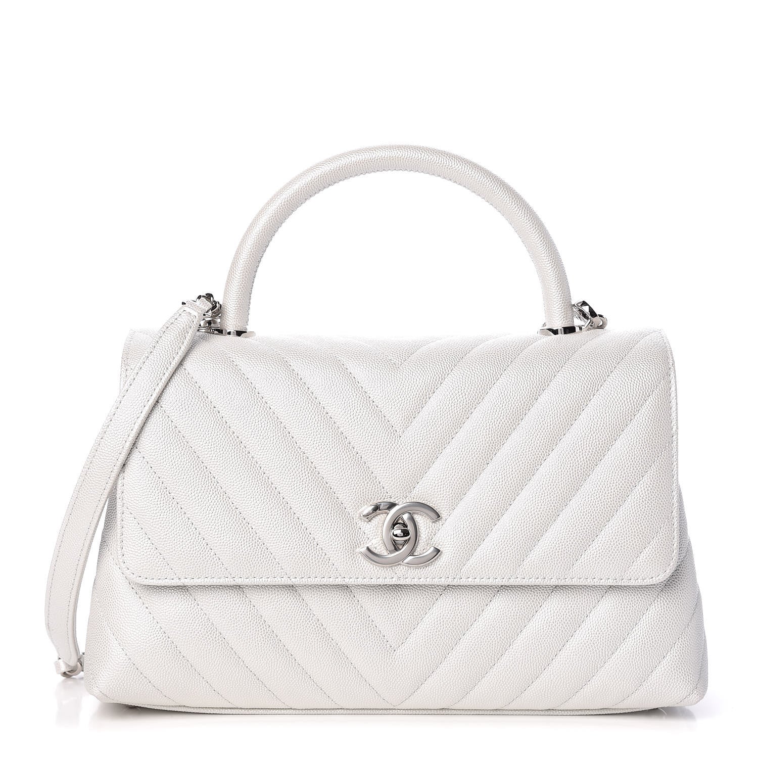 Chanel Iridescent Caviar Chevron Quilted Small Coco Handle Flap White 1 of 10