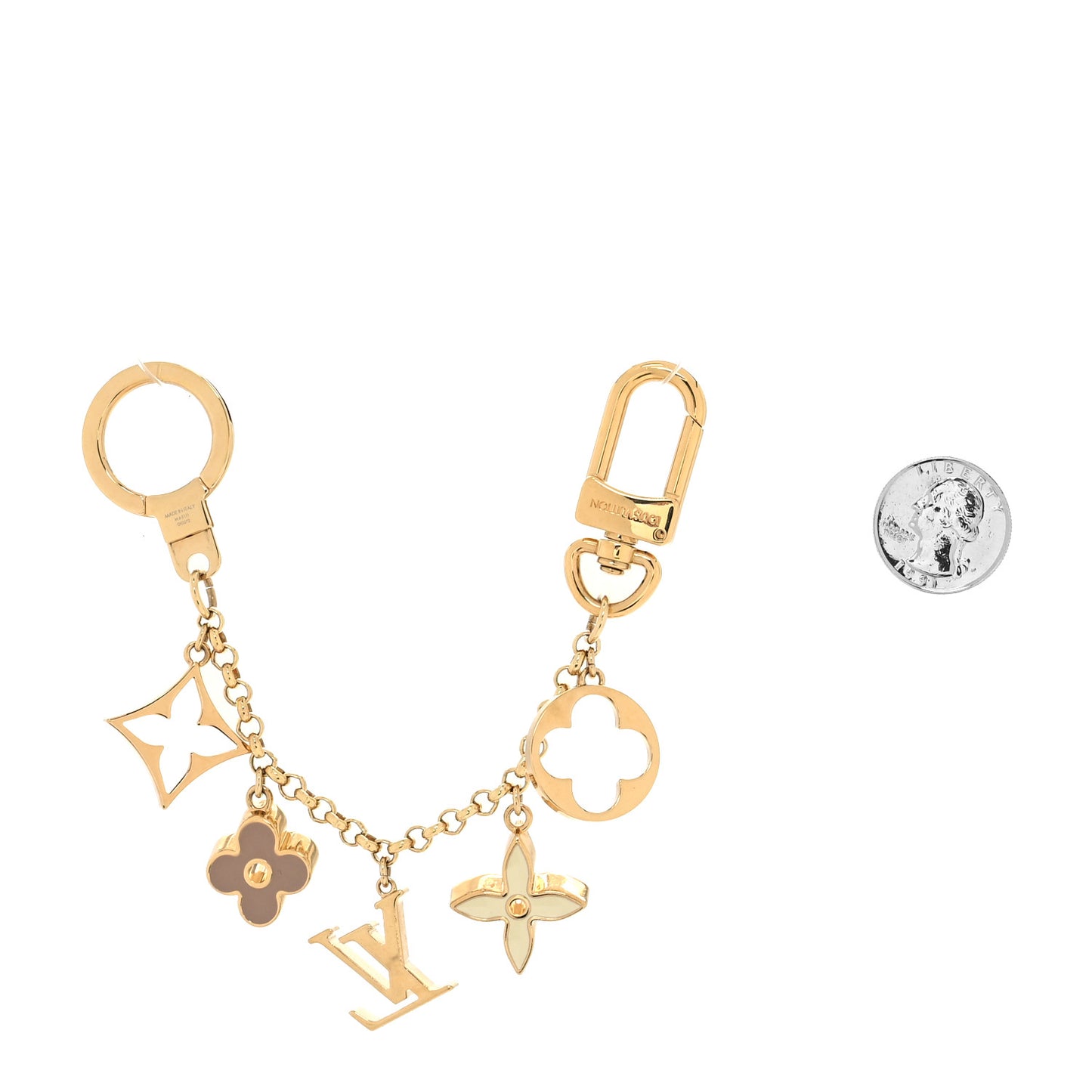 Brass Enamel Fleur De Monogram Bag Charm Chain Gold