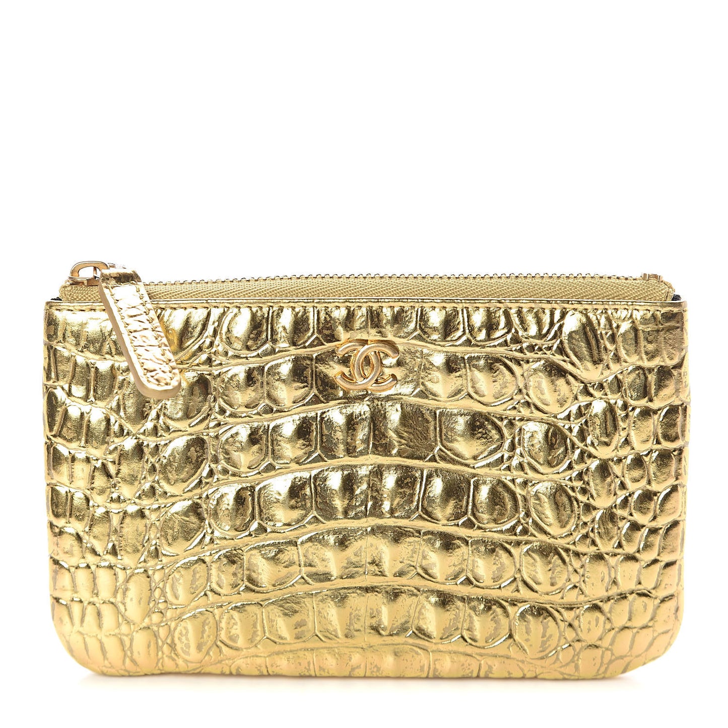 Metallic Calfskin Crocodile Embossed Cocodile Cosmetic Case Gold