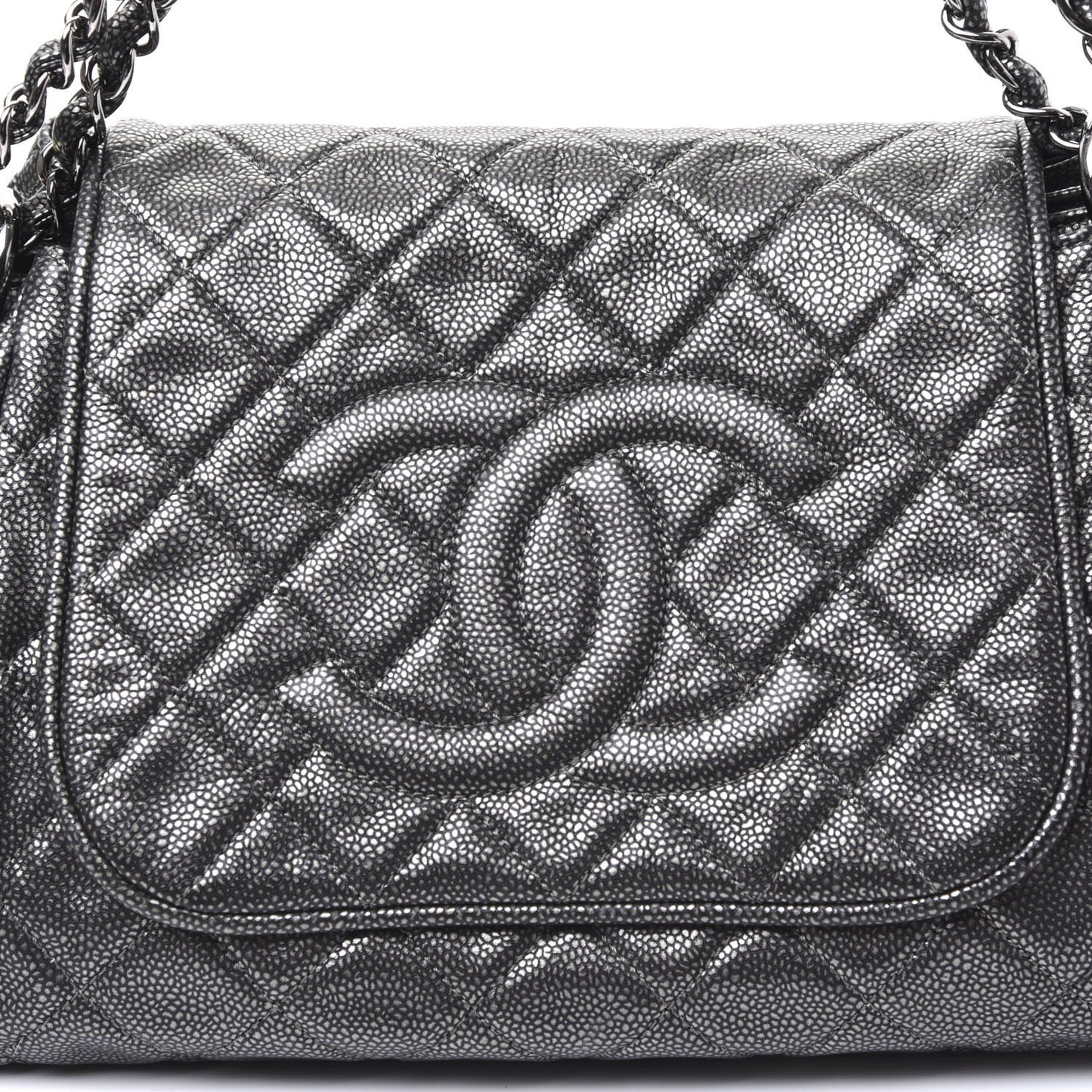 Metallic Caviar Quilted Timeless Accordion Flap Dark Silver