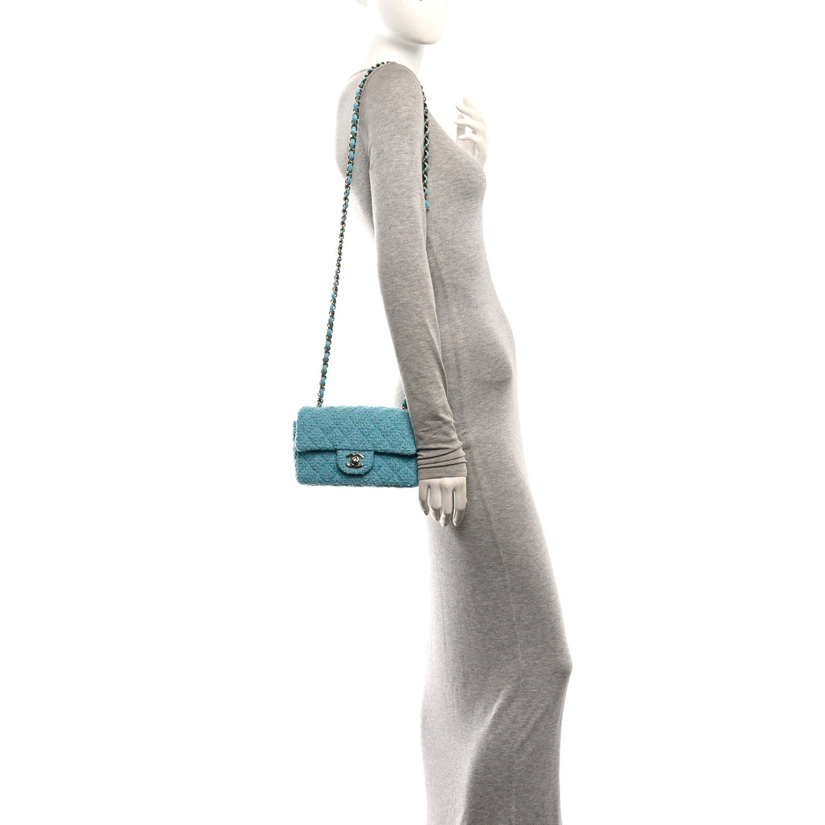 Wool Tweed Quilted Mini Rectangular Flap Turquoise Light Blue