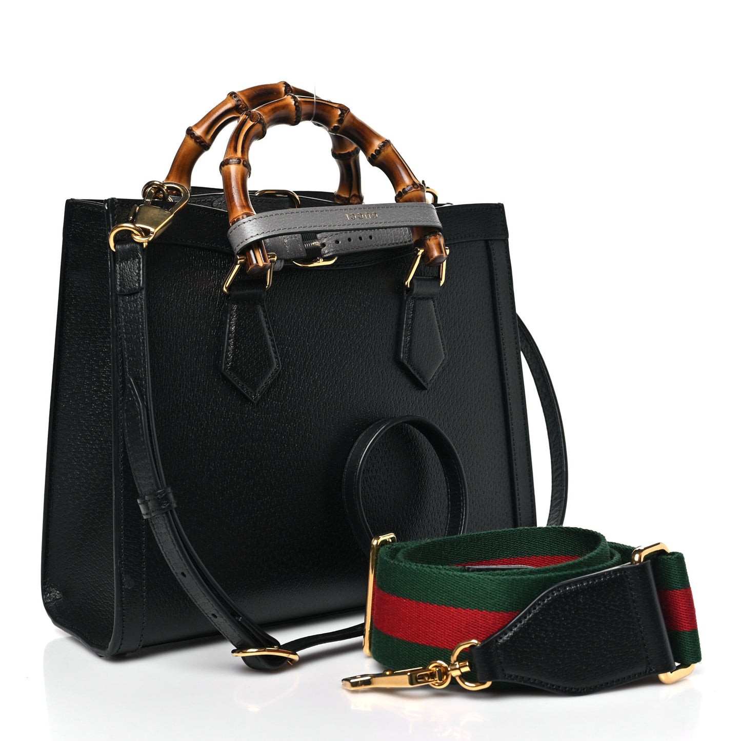 Textured Dollar Calfskin Web Small Diana Tote Bag Black Dusty Grey