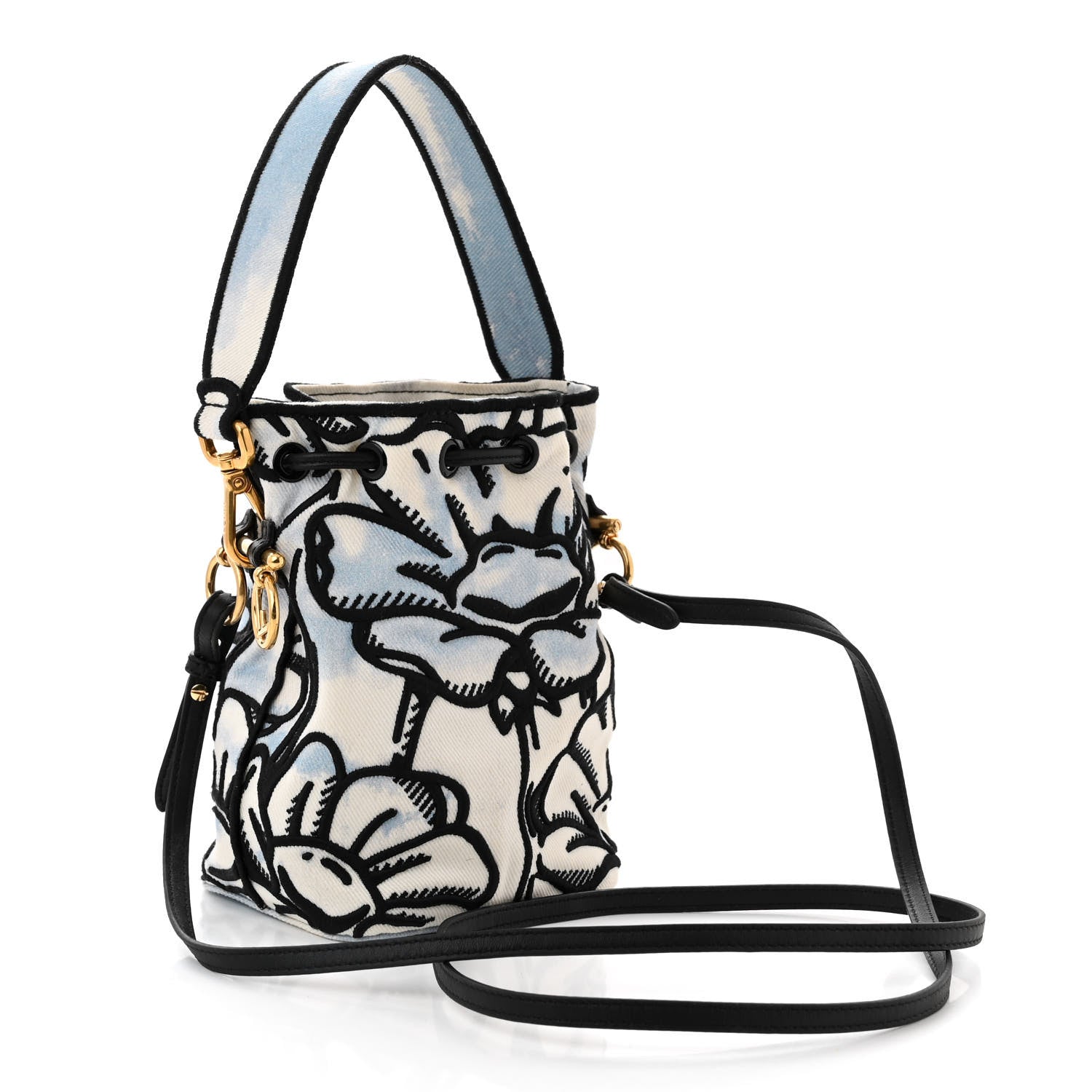 Fendi X JOSHUA VIDES Fabric Flower Clouds Embroidered Mini Mon Tresor Bucket Bag White Celeste Black 3 of 10