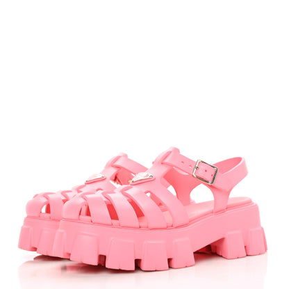 Prada Foam Rubber Metal Triangle Logo Monolith 55mm Cage Sandals 41 Begonia 3 of 8