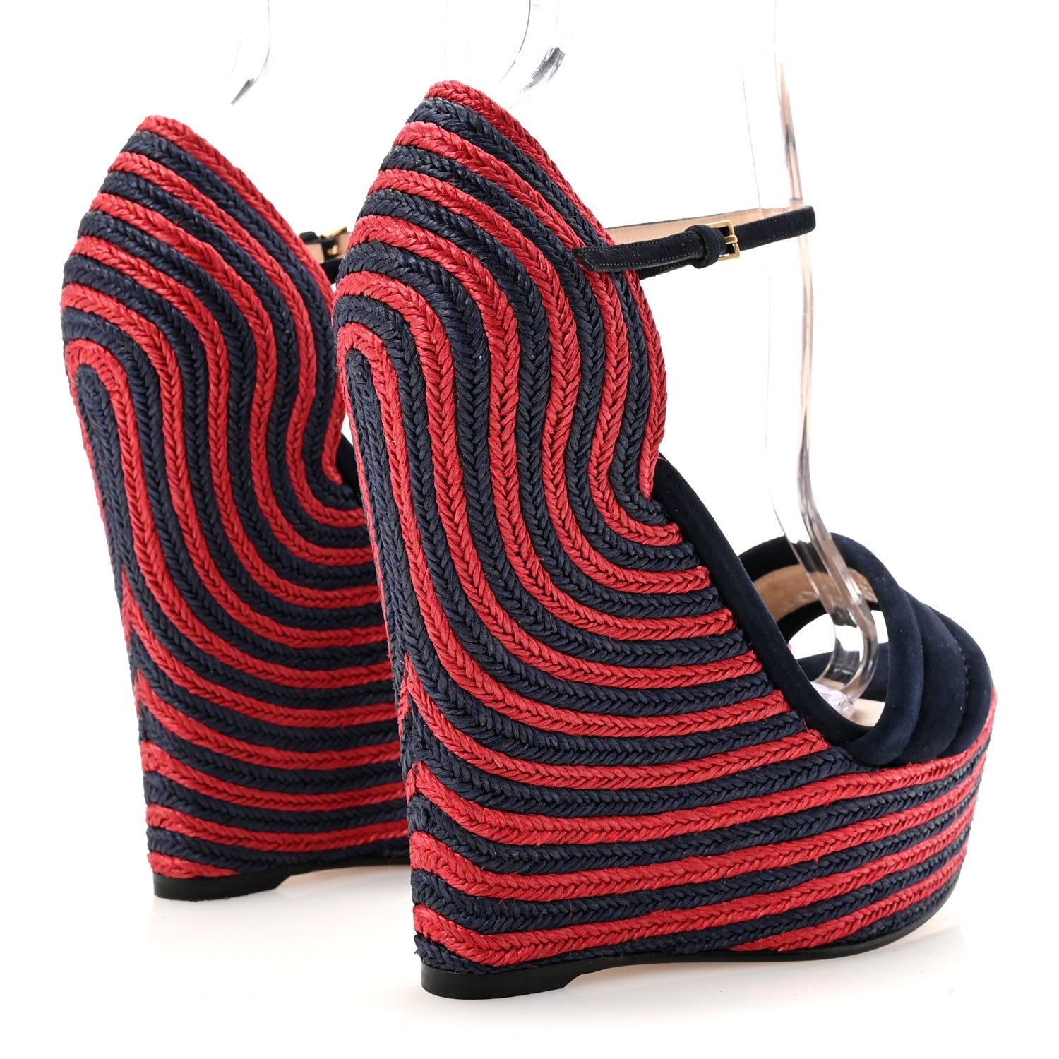 Gucci Kid Scamosciato Espadrille Platform Wedge Sandals 38.5 Red Blue 5 of 10