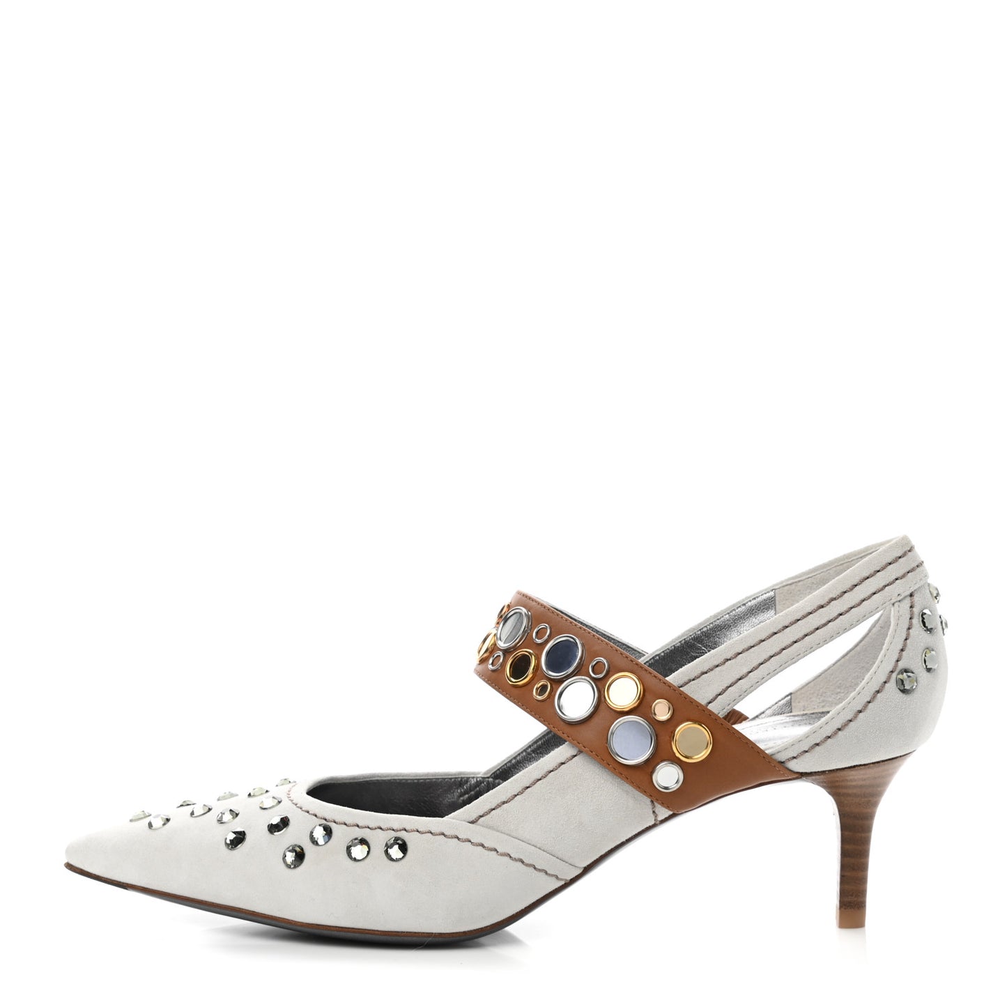 Suede Jeweled Runway Mary Jane Pumps 38.5 Mist Camello