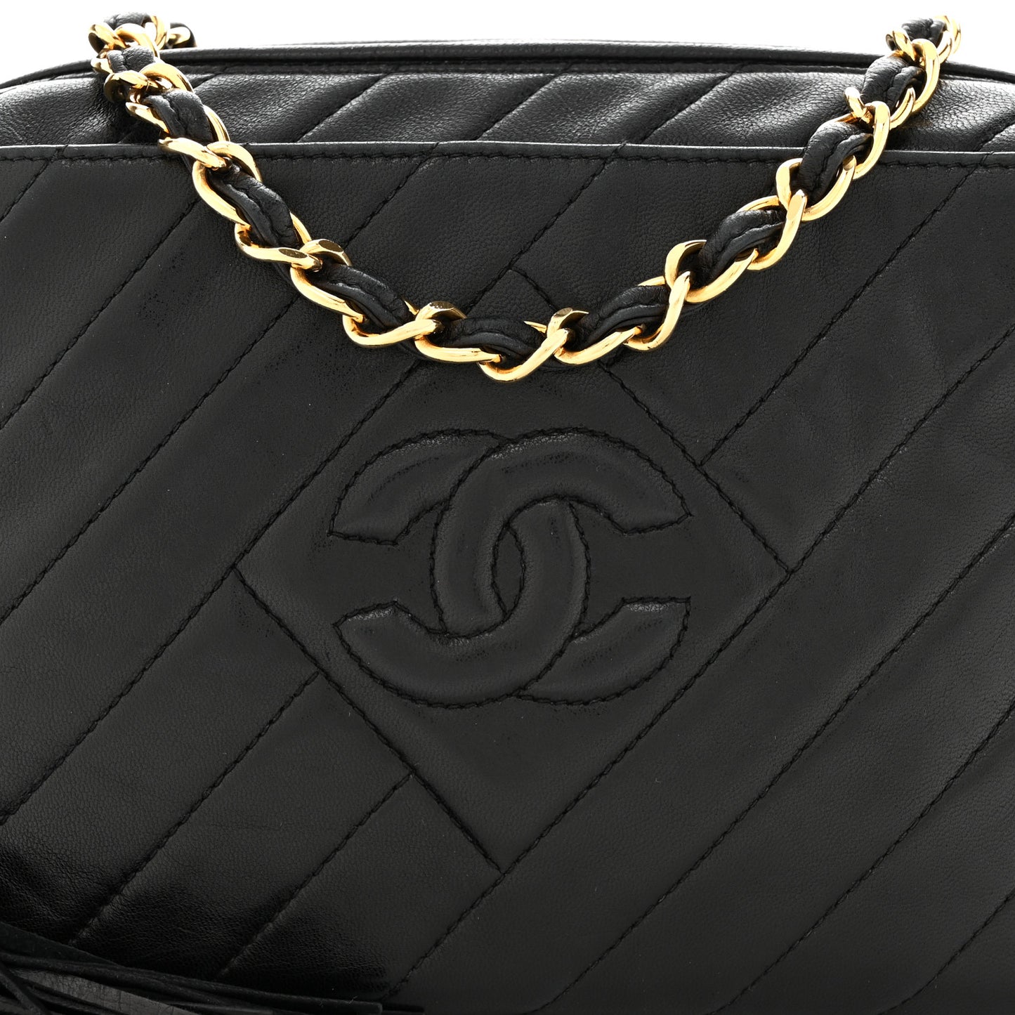 Lambskin Quilted Tassel Camera Case Black