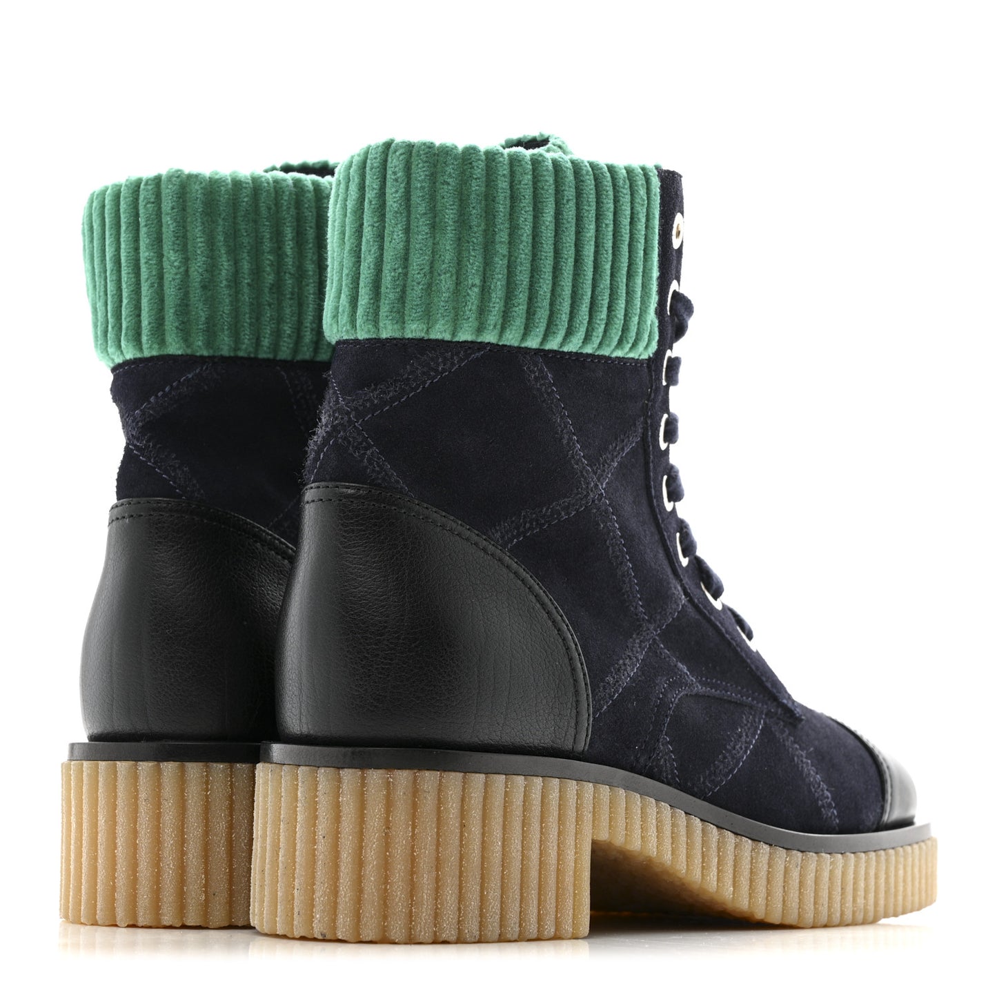 Suede Calfskin Velvet Quilted CC Combat Boots 36 Navy Green Black