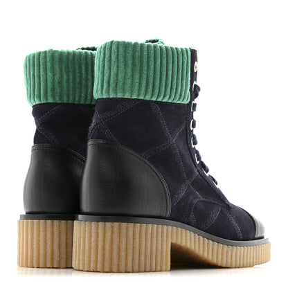 Chanel Suede Calfskin Velvet Quilted CC Combat Boots 36 Navy Green Black 5 of 12