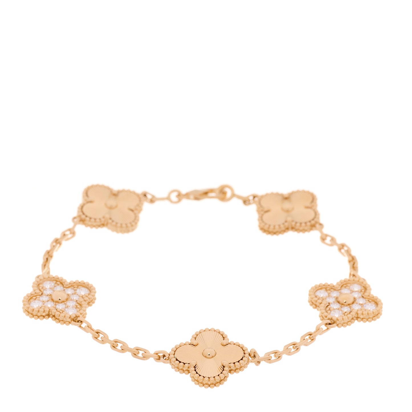 18K Yellow Gold Diamond 5 Motifs Guilloche Vintage Alhambra Bracelet
