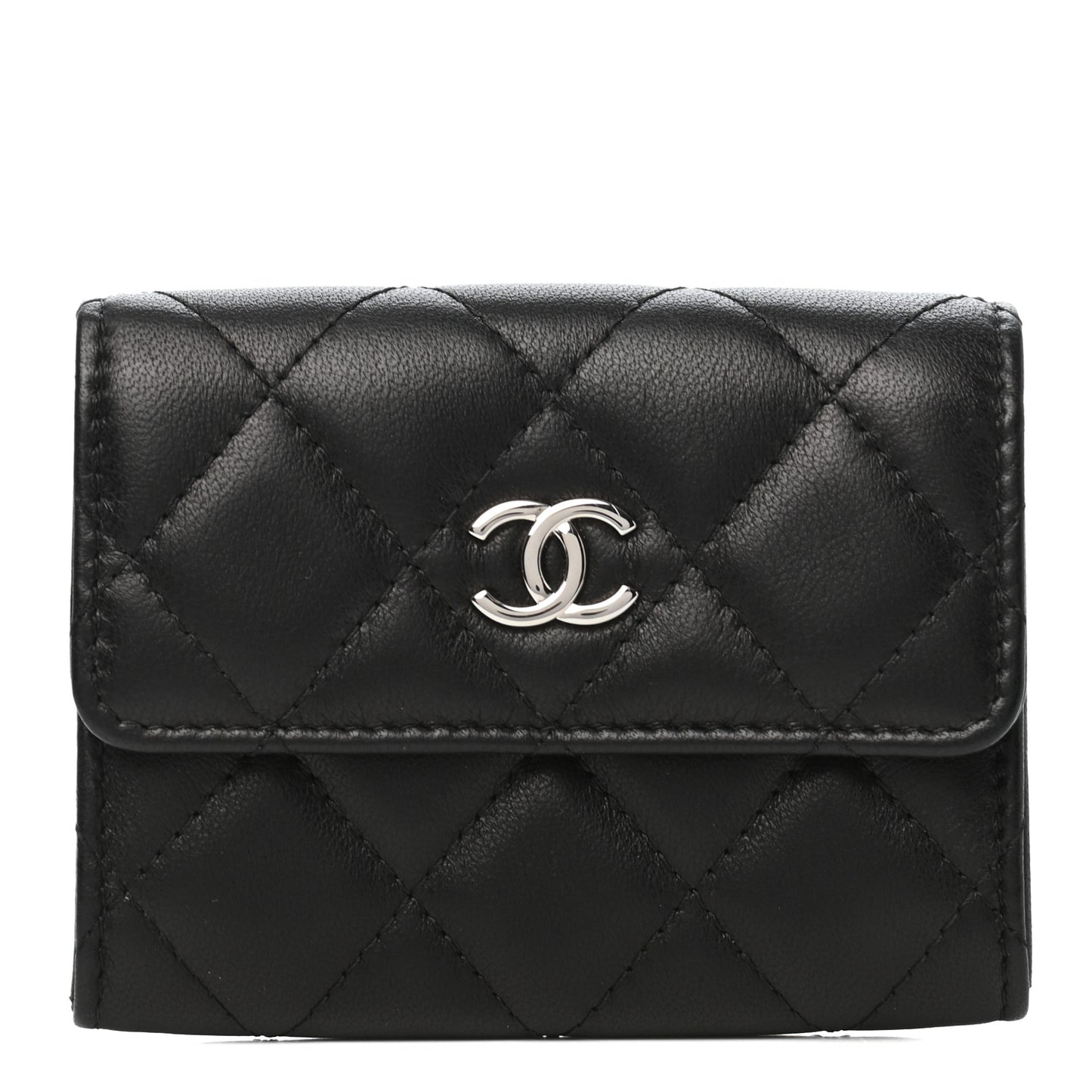 Lambskin Quilted Flap Card Holder Black