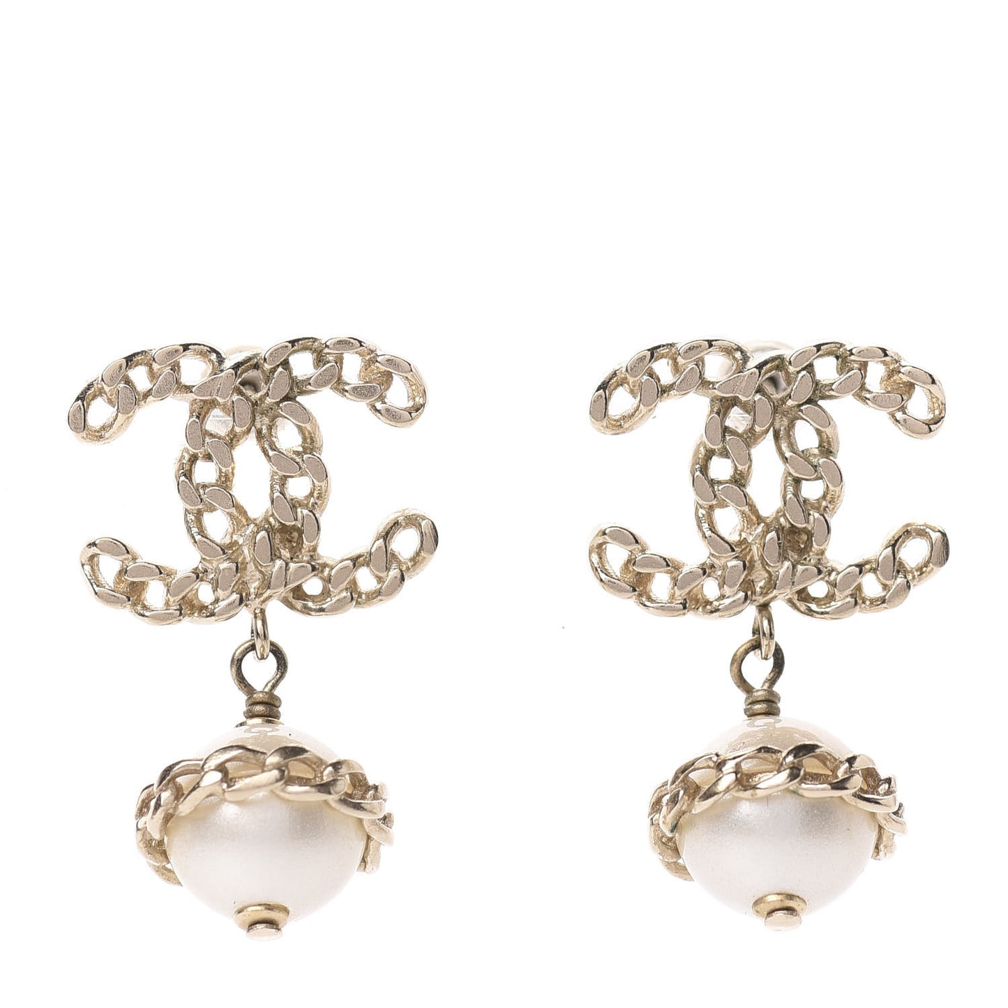 Chain Pearl CC Drop Earrings Gold