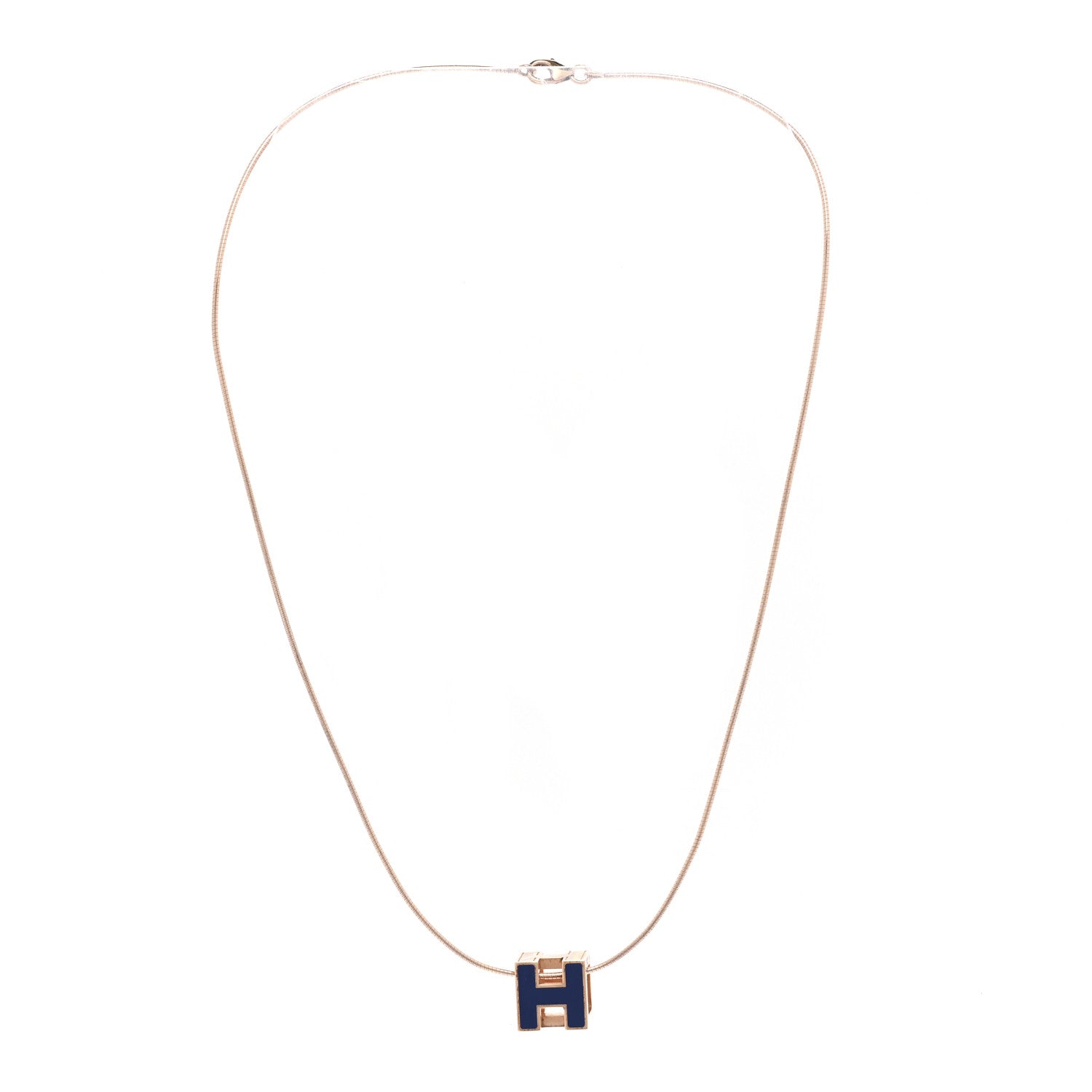 Hermes Rose Gold Lacquered Cage d'H Pendant Necklace Bleu Sature 3 of 7
