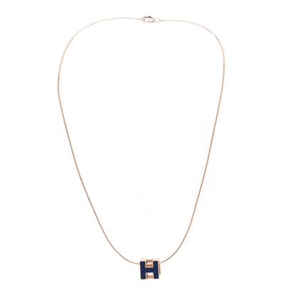Hermes Rose Gold Lacquered Cage d'H Pendant Necklace Bleu Sature 3 of 7