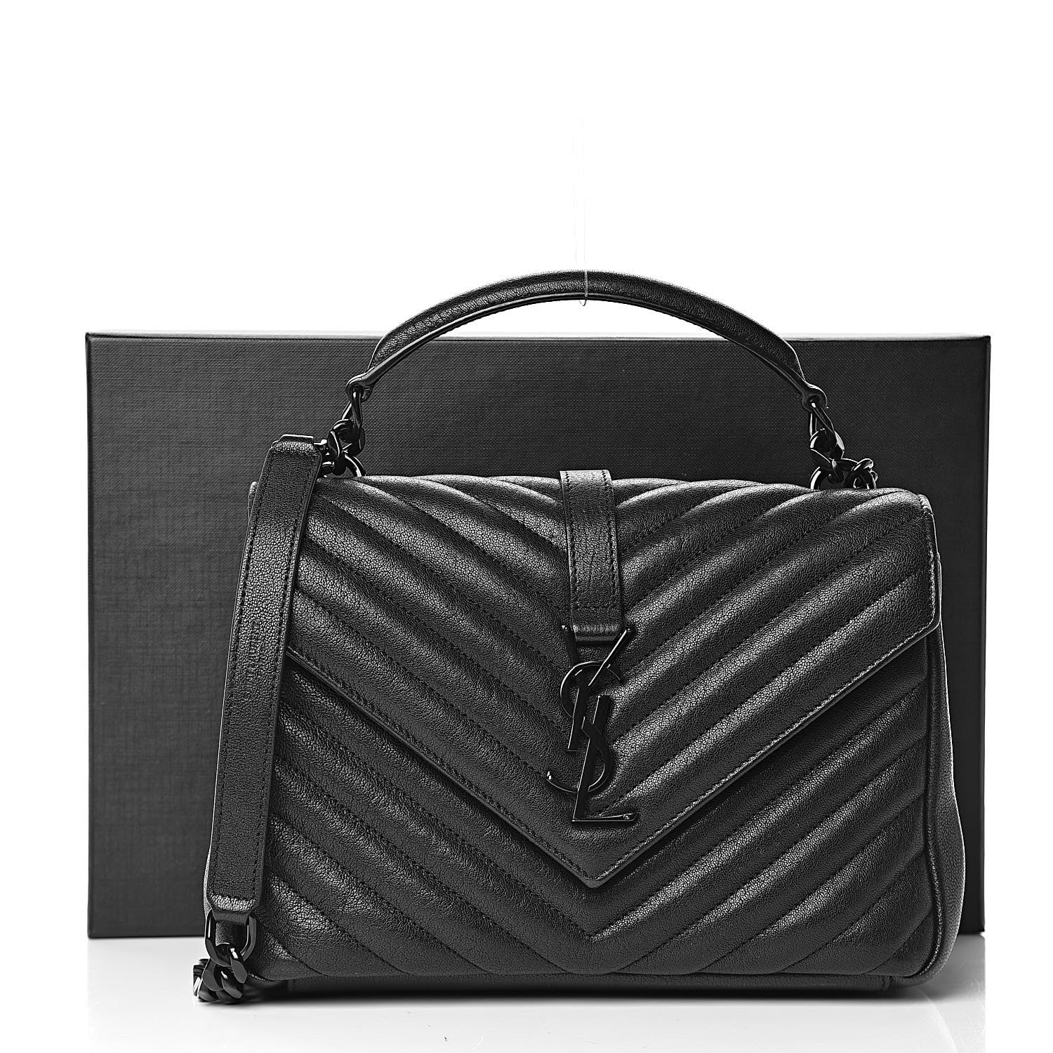 Saint Laurent Sheepskin Matelasse Chevron Monogram Medium College Bag Black 12 of 12