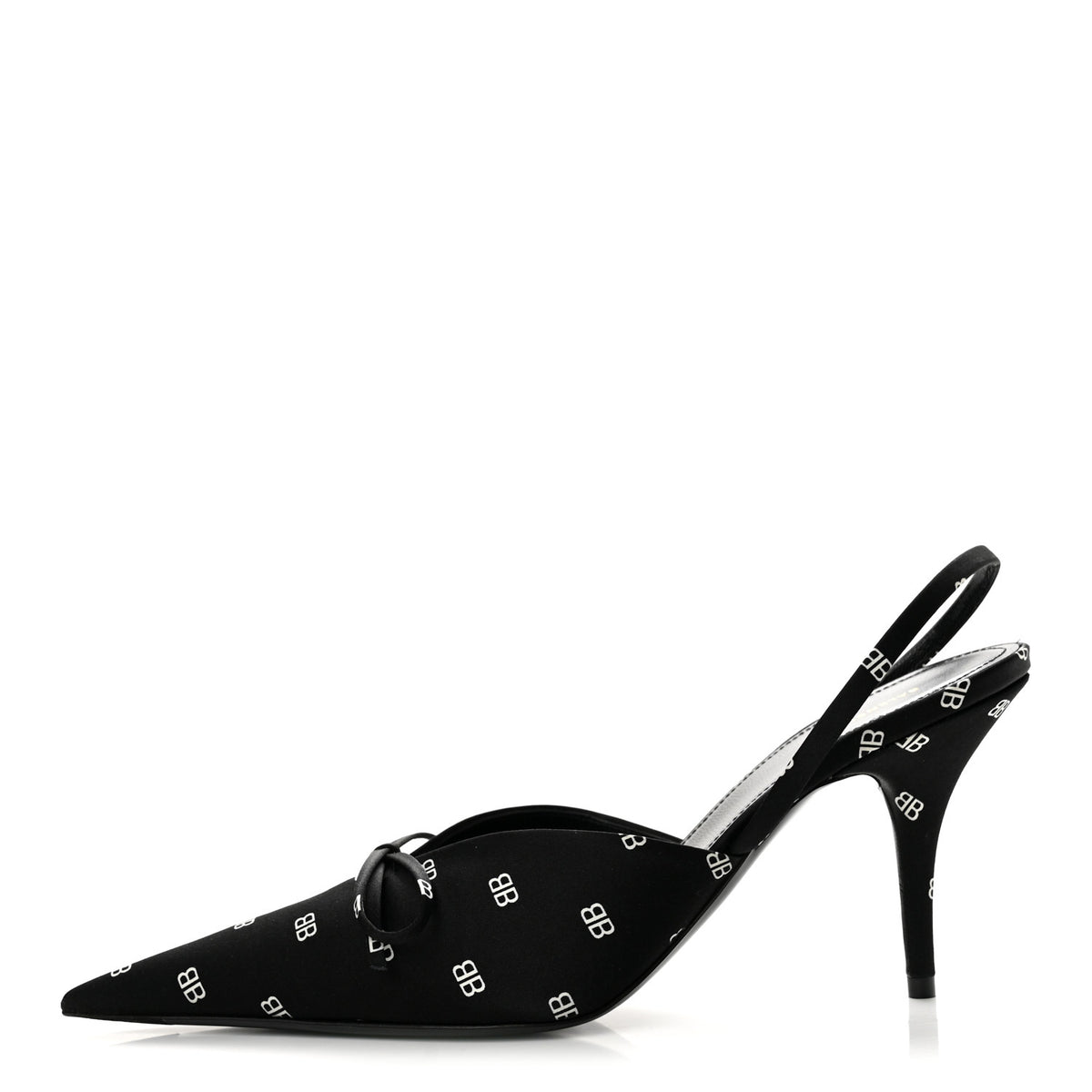 Satin BB Logo Pointed Toe Knife Slingback Mules 38 Black White