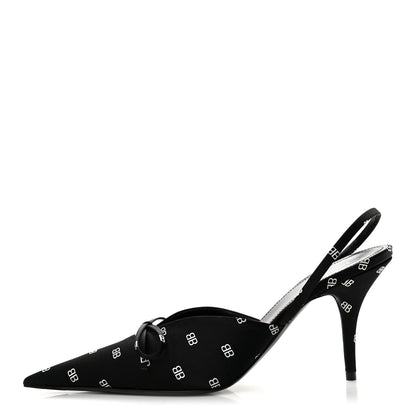 Balenciaga Satin BB Logo Pointed Toe Knife Slingback Mules 38 Black White 1 of 11