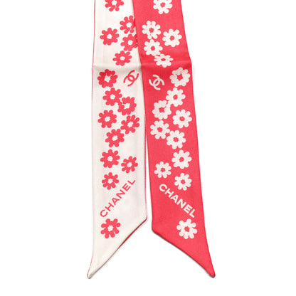 Chanel Silk Twill CC Flowers Slim Bandeau Scarf Coral Ecru 2 of 3