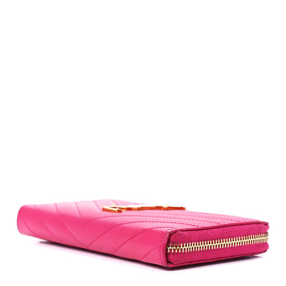 Saint Laurent Grain De Poudre Matelasse Chevron Monogram Zip Around Wallet Fuchsia 8 of 10