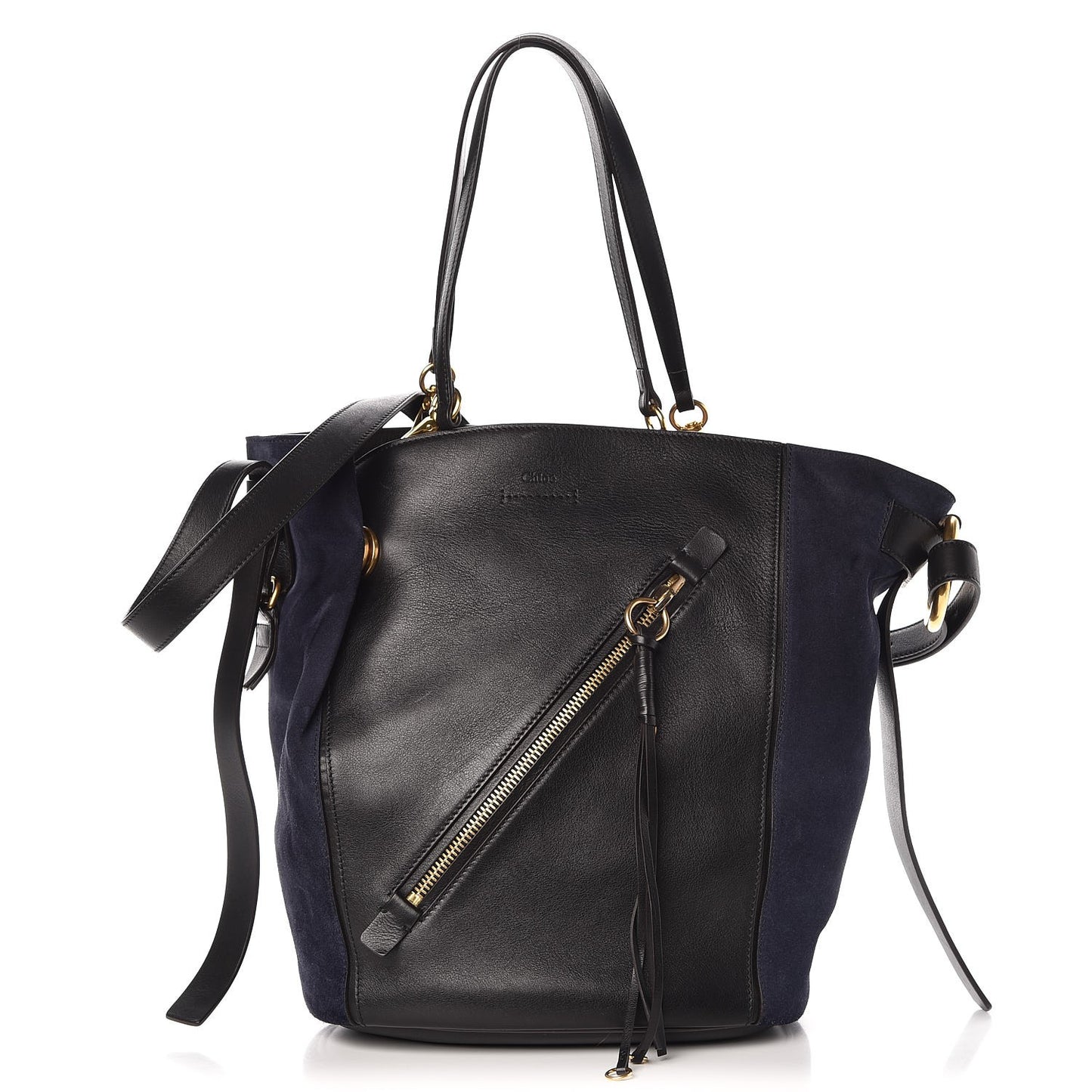 Smooth Suede Calfskin Medium Myer Double Carry Bag Black Navy