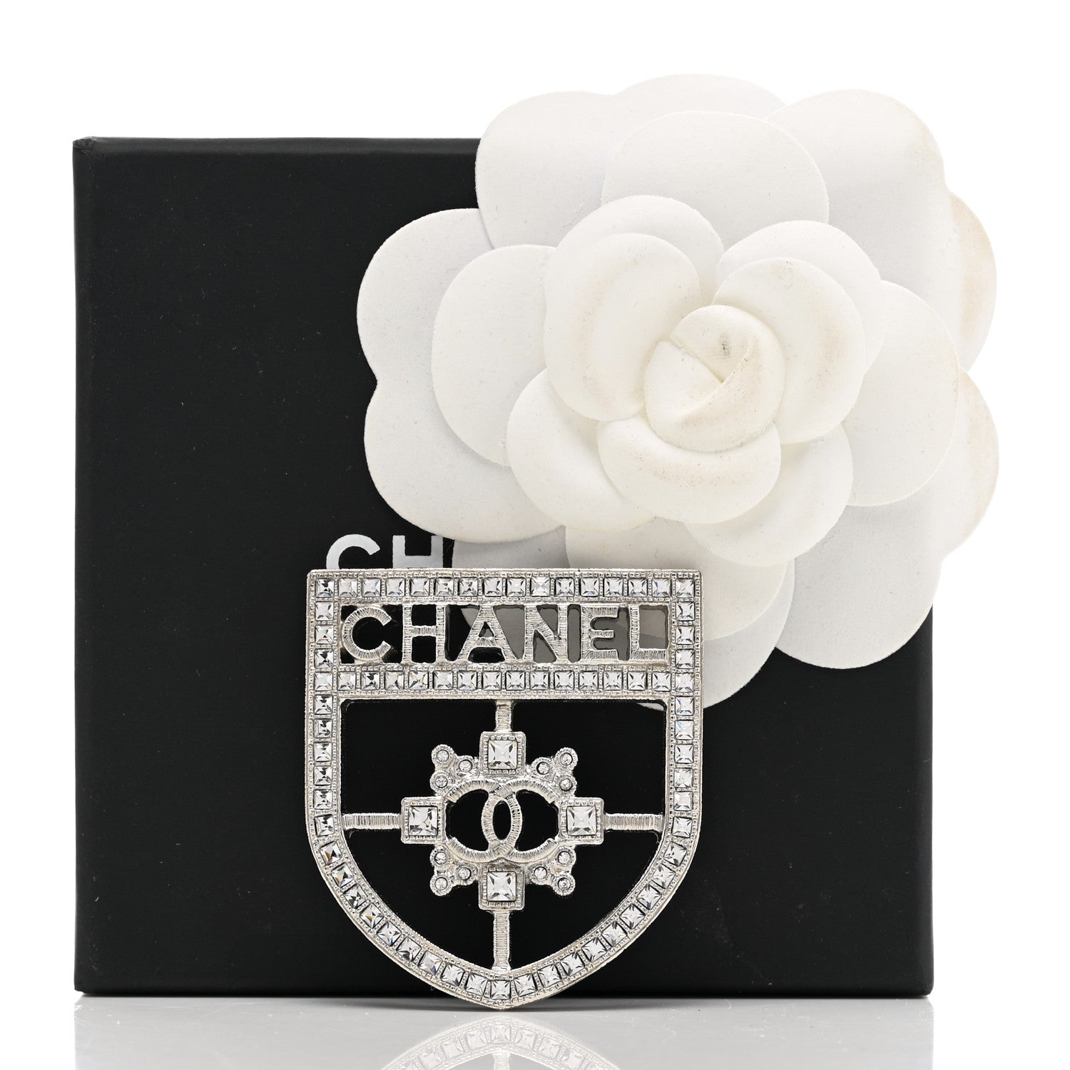 Chanel Swarovski Baguette Crystal CC Shield Brooch Silver 5 of 5
