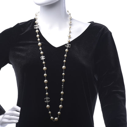 Chanel Crystal Pearl CC Long Necklace Silver 2 of 5