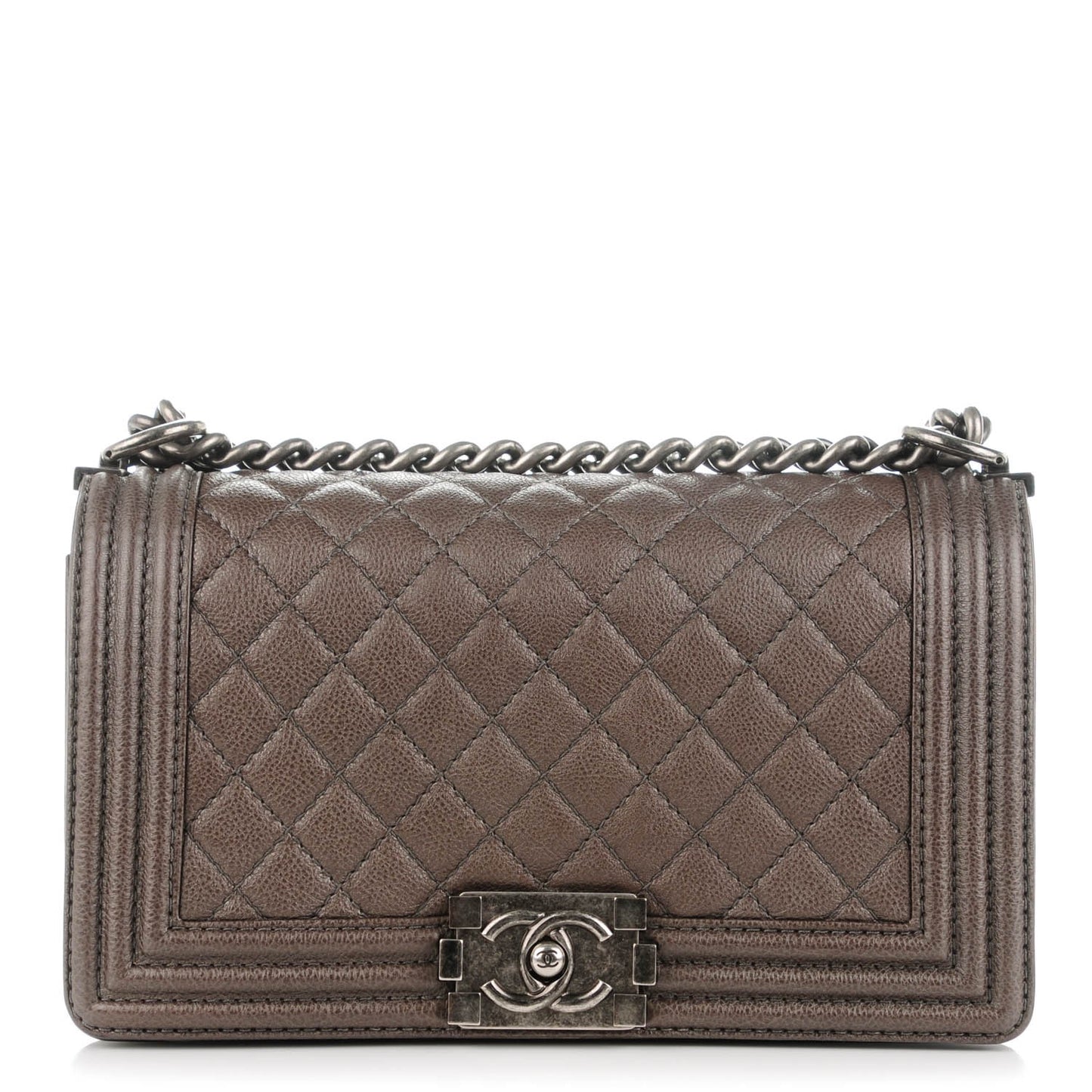 Metallic Calfskin Quilted Medium Boy Flap Dark Silver