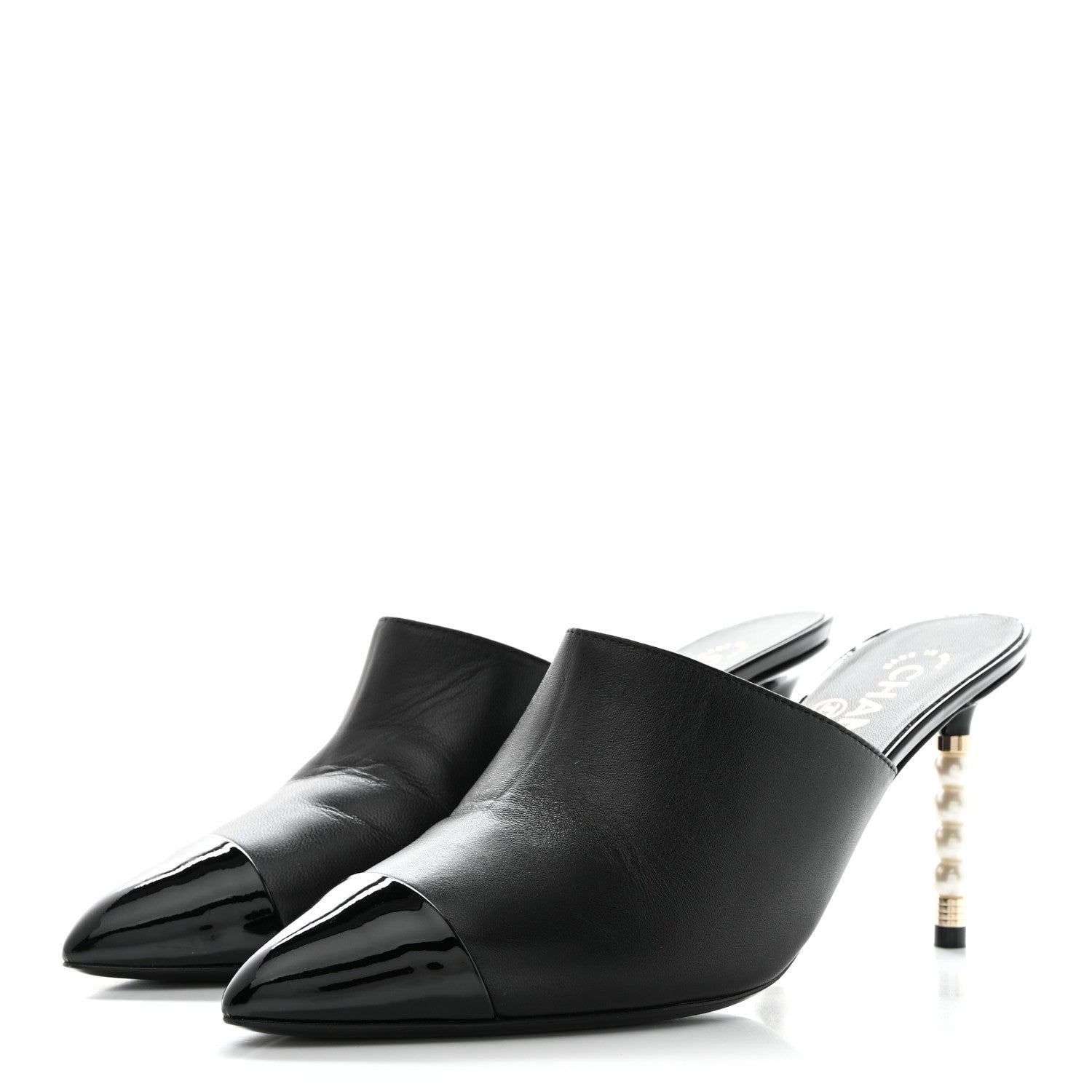 Chanel Lambskin Patent Cap Toe Pearl Mules 38.5 Black 3 of 8