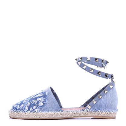 Valentino Garavani Denim Butterfly Rockstud Ankle Wrap Espadrille 20mm Flats 40 Light Denim 1 of 10