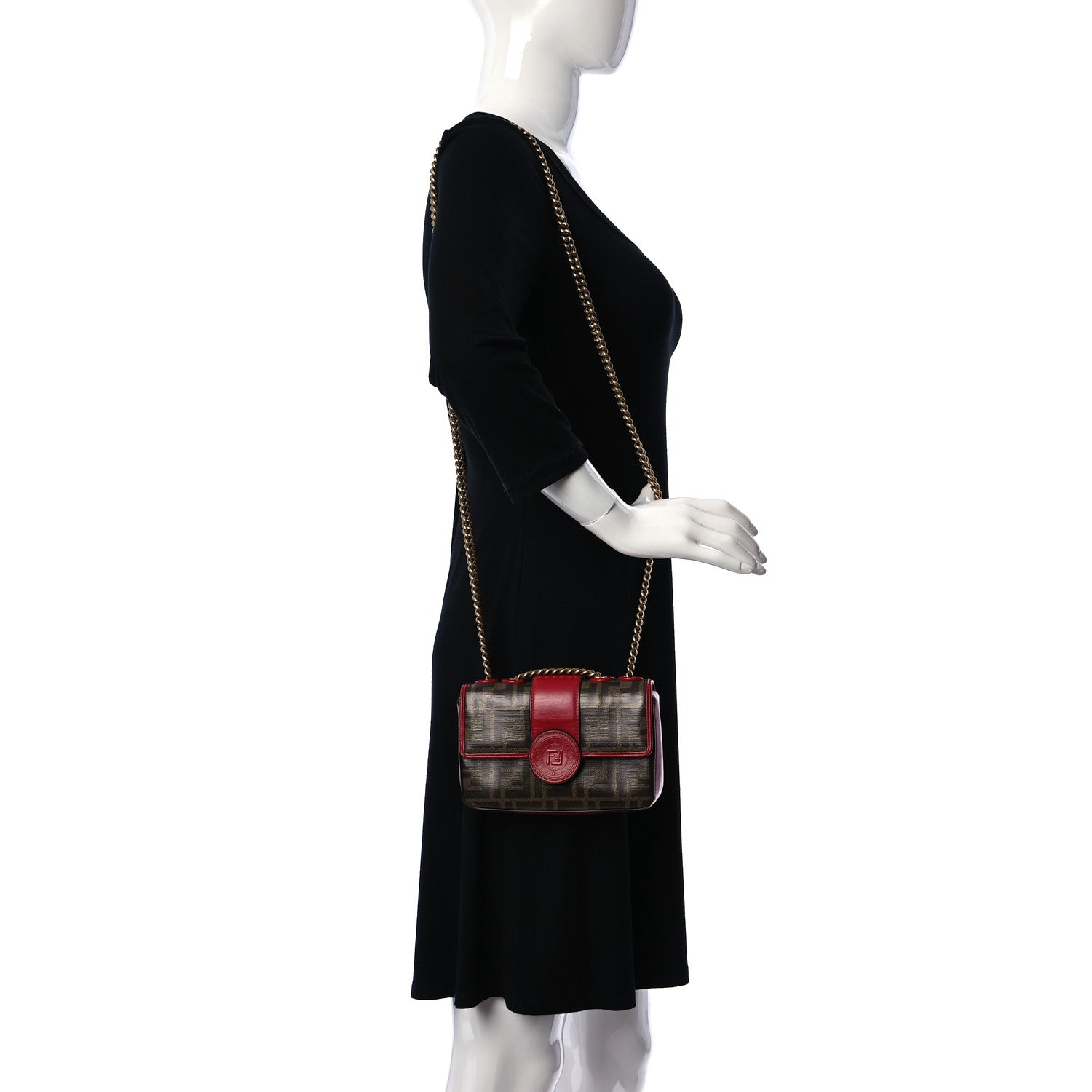 Fendi Glazed Fabric Vitello Century FF 1974 Stamp Patch Mini Double F Crossbody Bag Mogano Panna Fragola 2 of 9