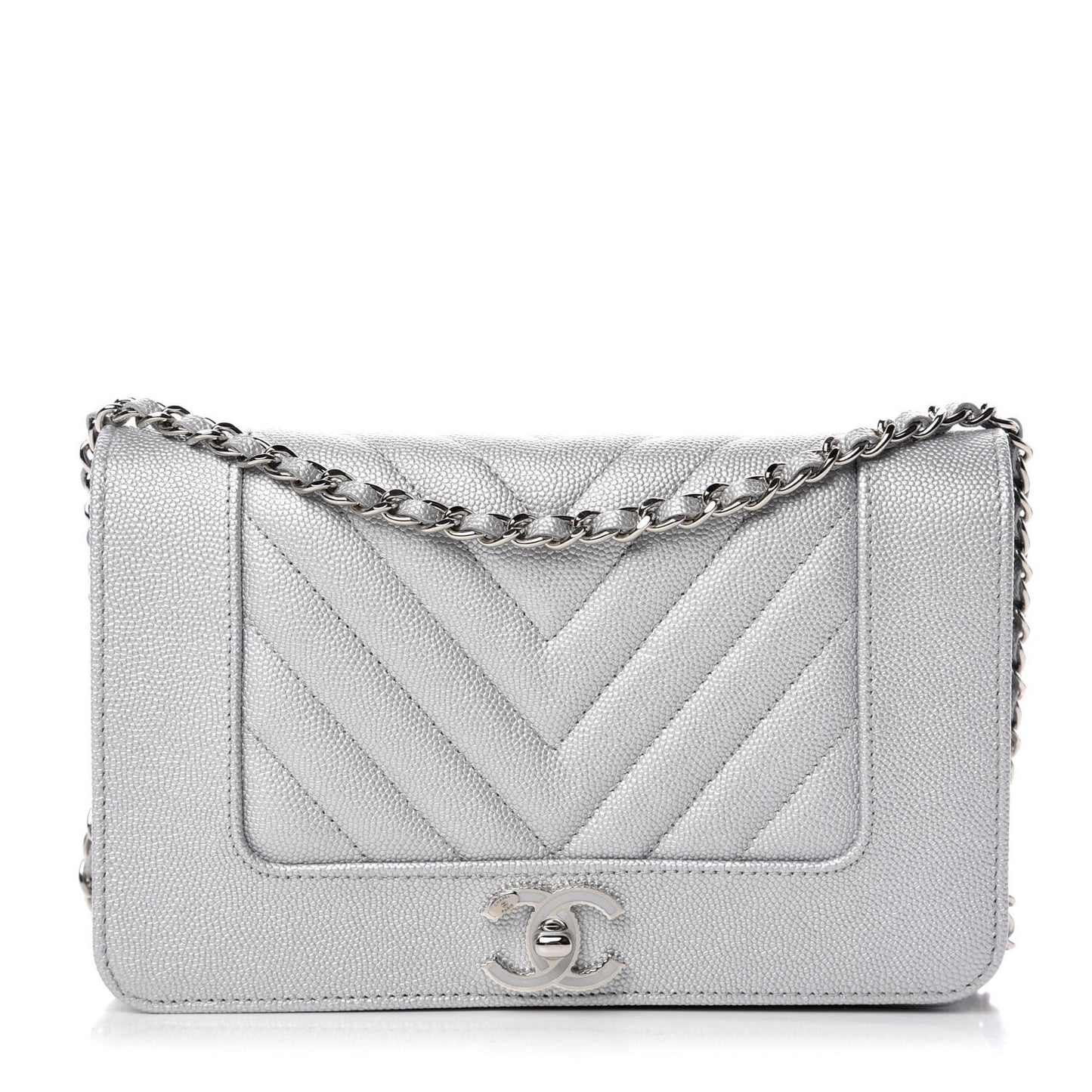 Metallic Caviar Chevron Quilted Vintage Mademoiselle Wallet On Chain WOC Silver