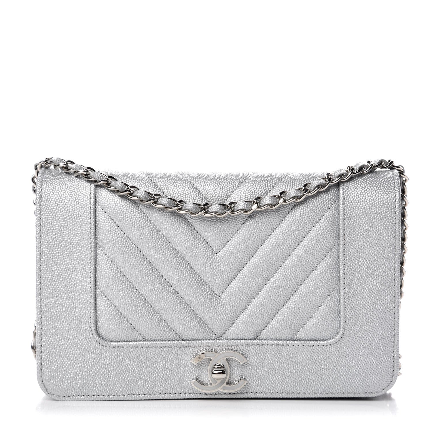 Chanel Metallic Caviar Chevron Quilted Vintage Mademoiselle Wallet On Chain WOC Silver 1 of 9
