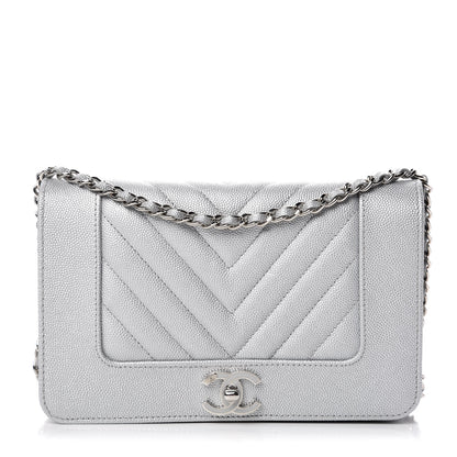 Chanel Metallic Caviar Chevron Quilted Vintage Mademoiselle Wallet On Chain WOC Silver 1 of 9