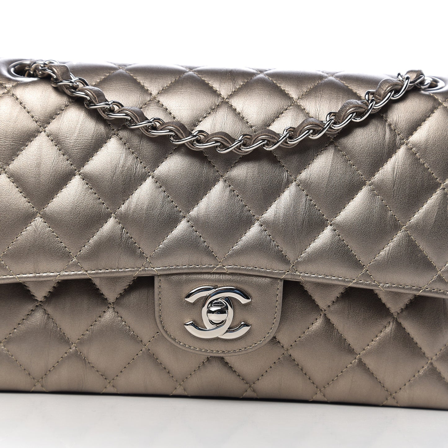 Metallic Calfskin Quilted Medium Double Flap Dark Silver