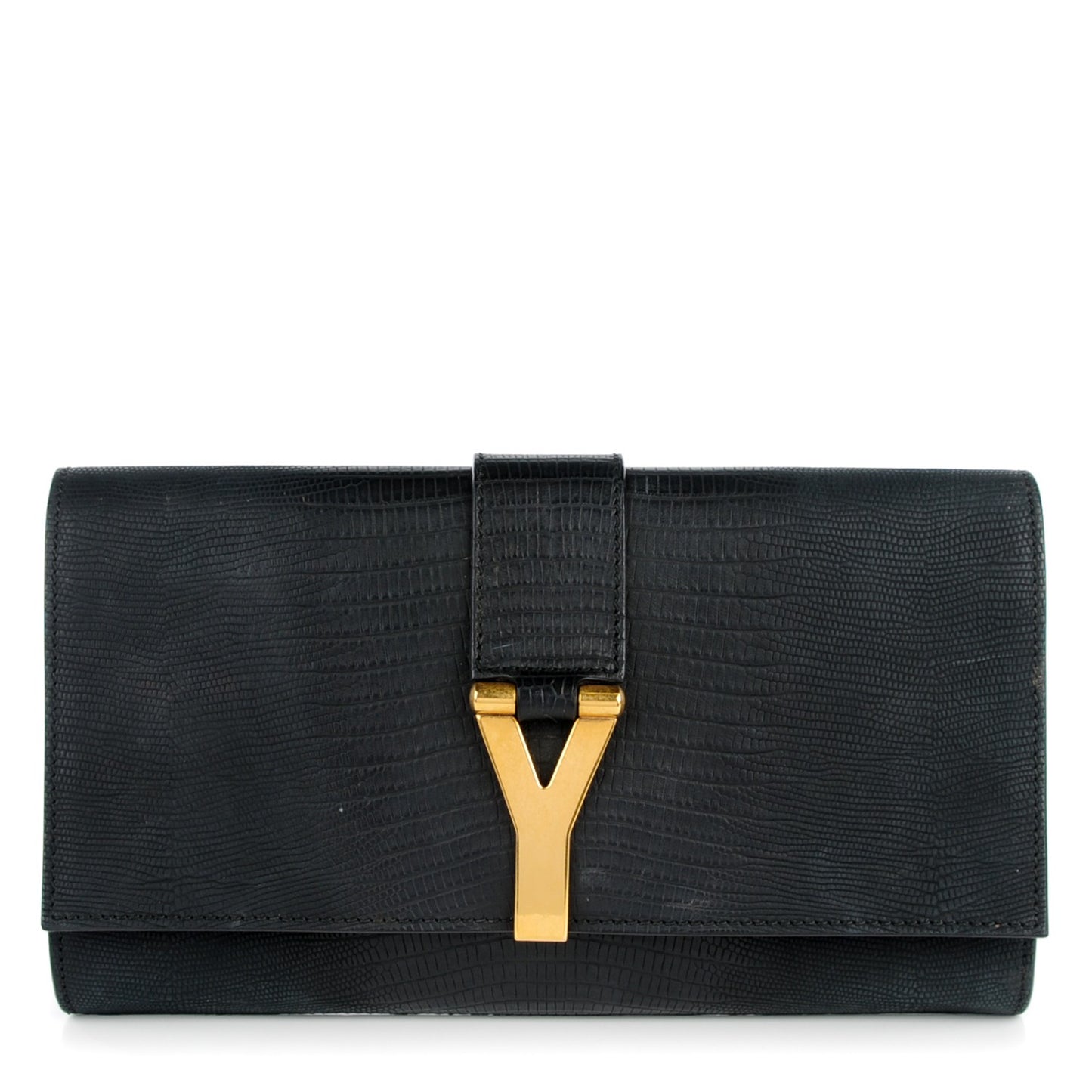 Lizard Calfskin Embossed Classic Y Ligne Clutch Black