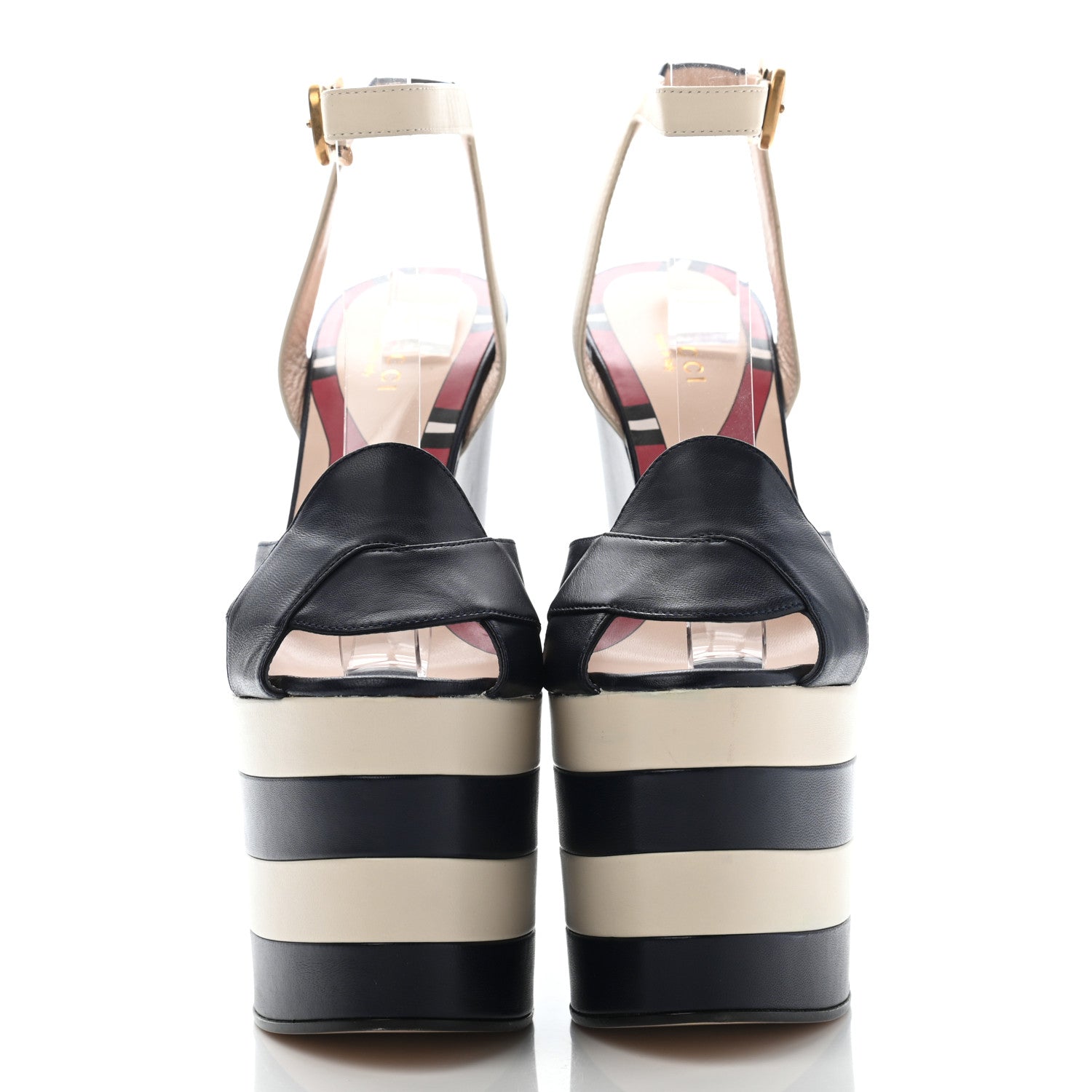 Gucci Nappa Striped Sally Platform Wedge Sandals 37 Navy Ivory 2 of 17