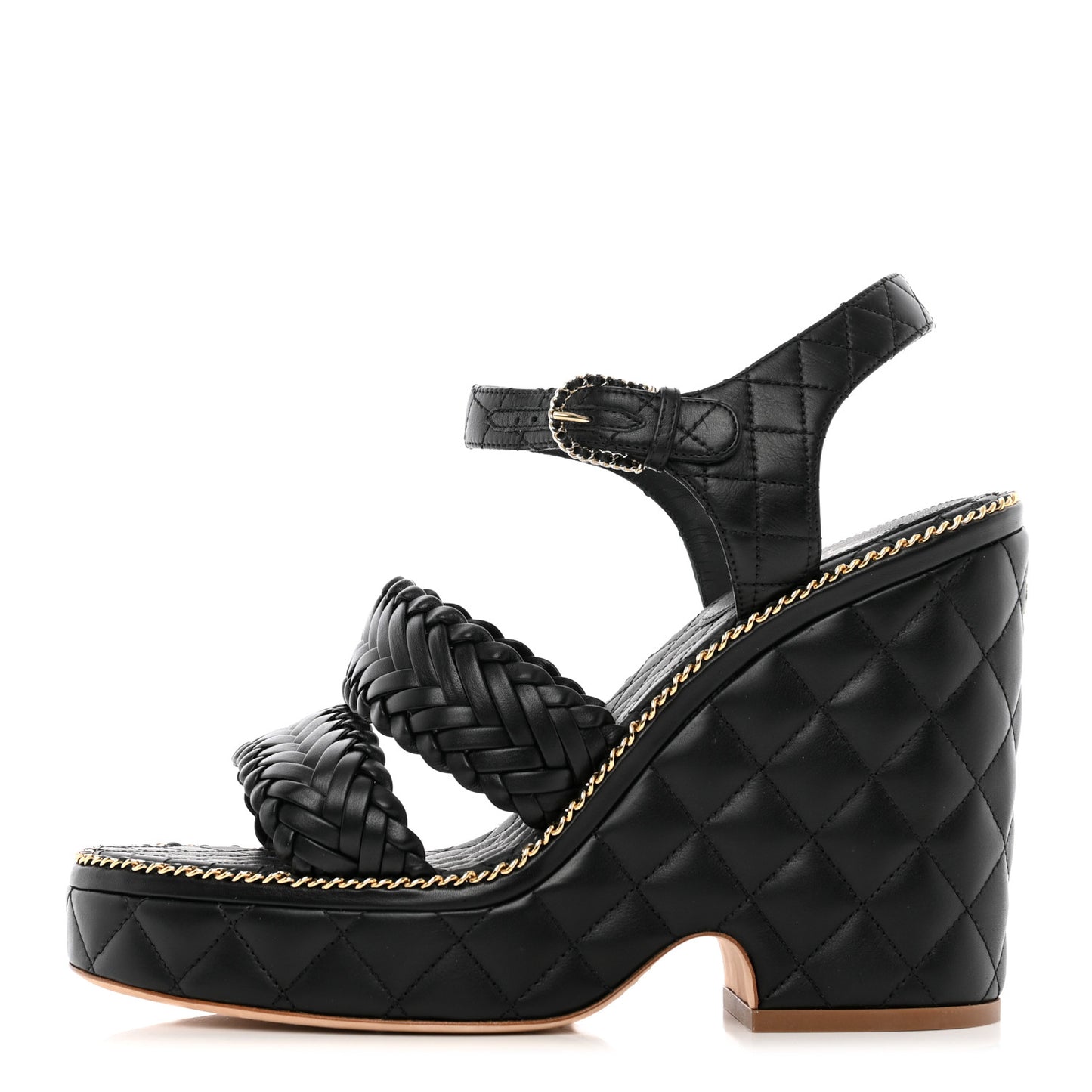 Calfskin Quilted Chain Around Wedge Sandals 40 Black