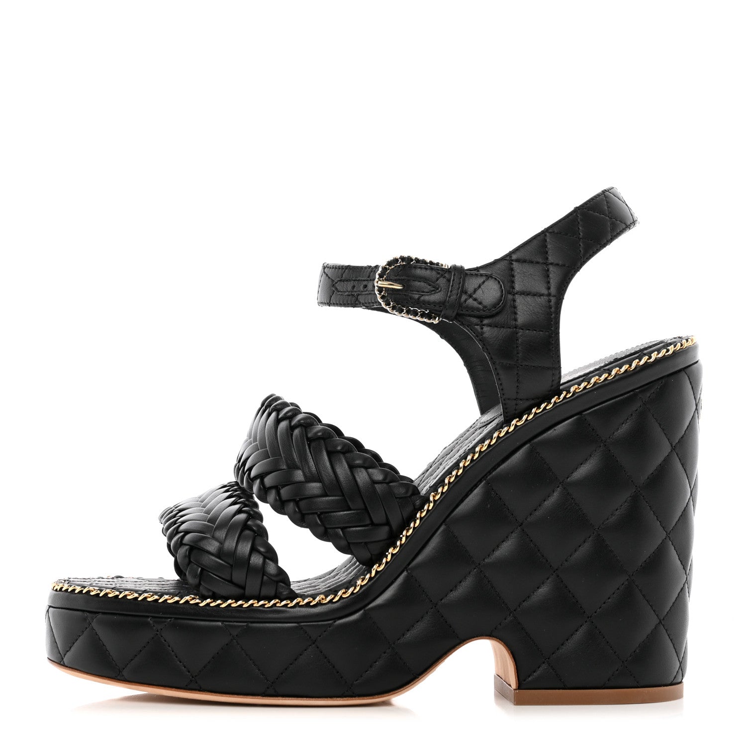 Chanel Calfskin Quilted Chain Around Wedge Sandals 40 Black 1 of 12