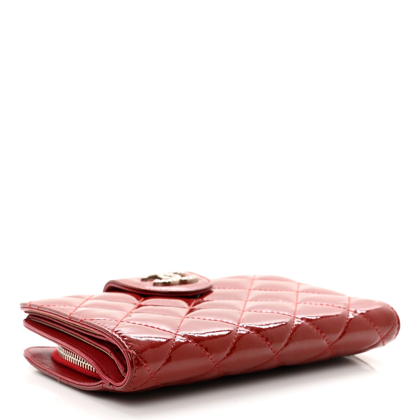 Patent Quilted Brilliant Zipped Pocket Wallet Dark Red