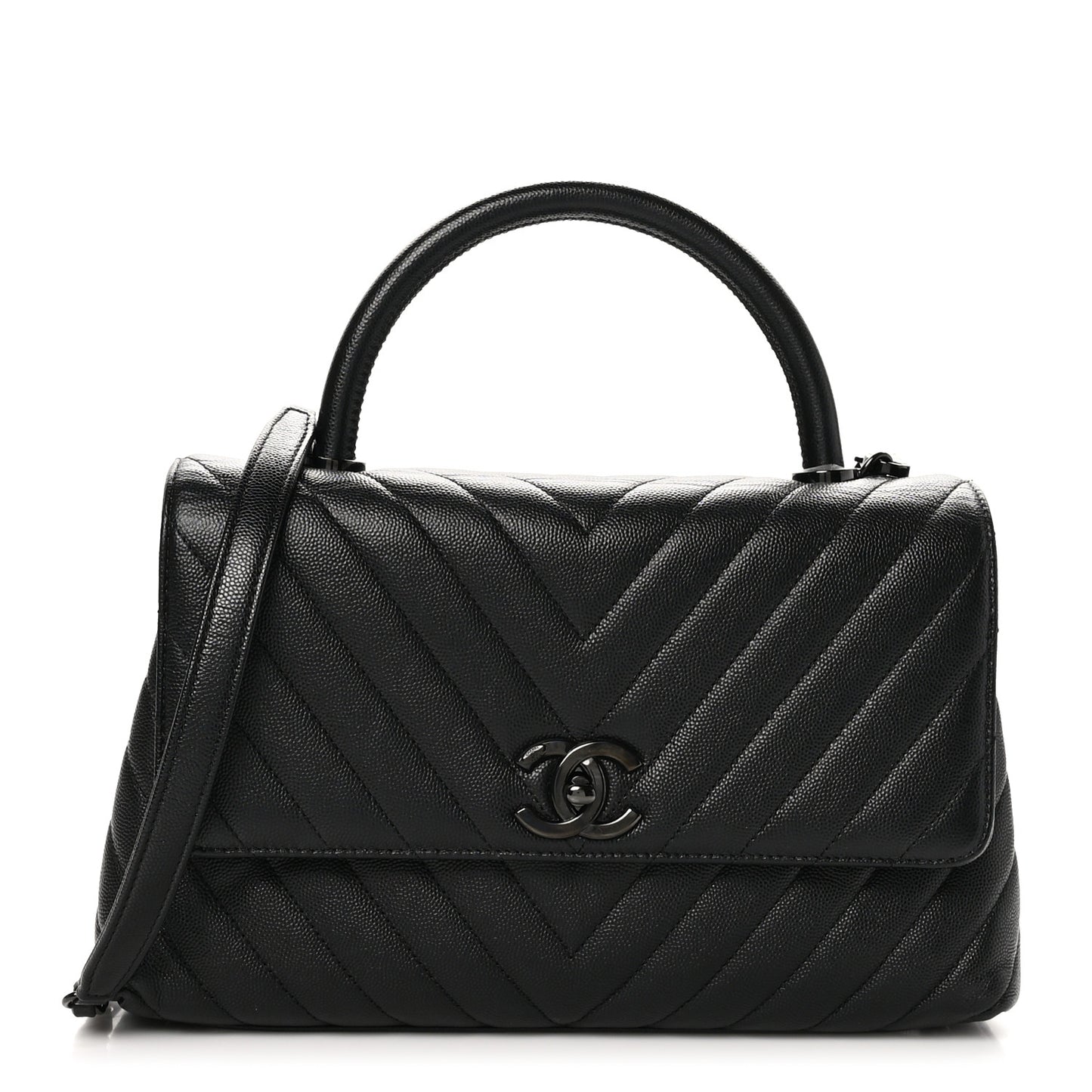 Caviar Chevron Quilted Small Coco Handle Flap So Black