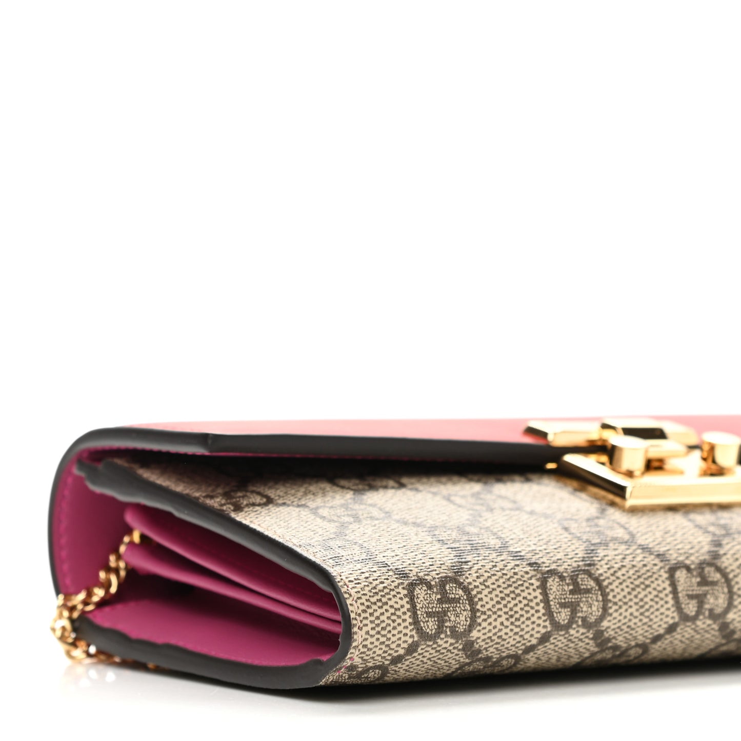 GG Supreme Monogram Moon Calfskin Padlock Continental Chain Wallet Beige Ebony Hibiscus Red New Rosette
