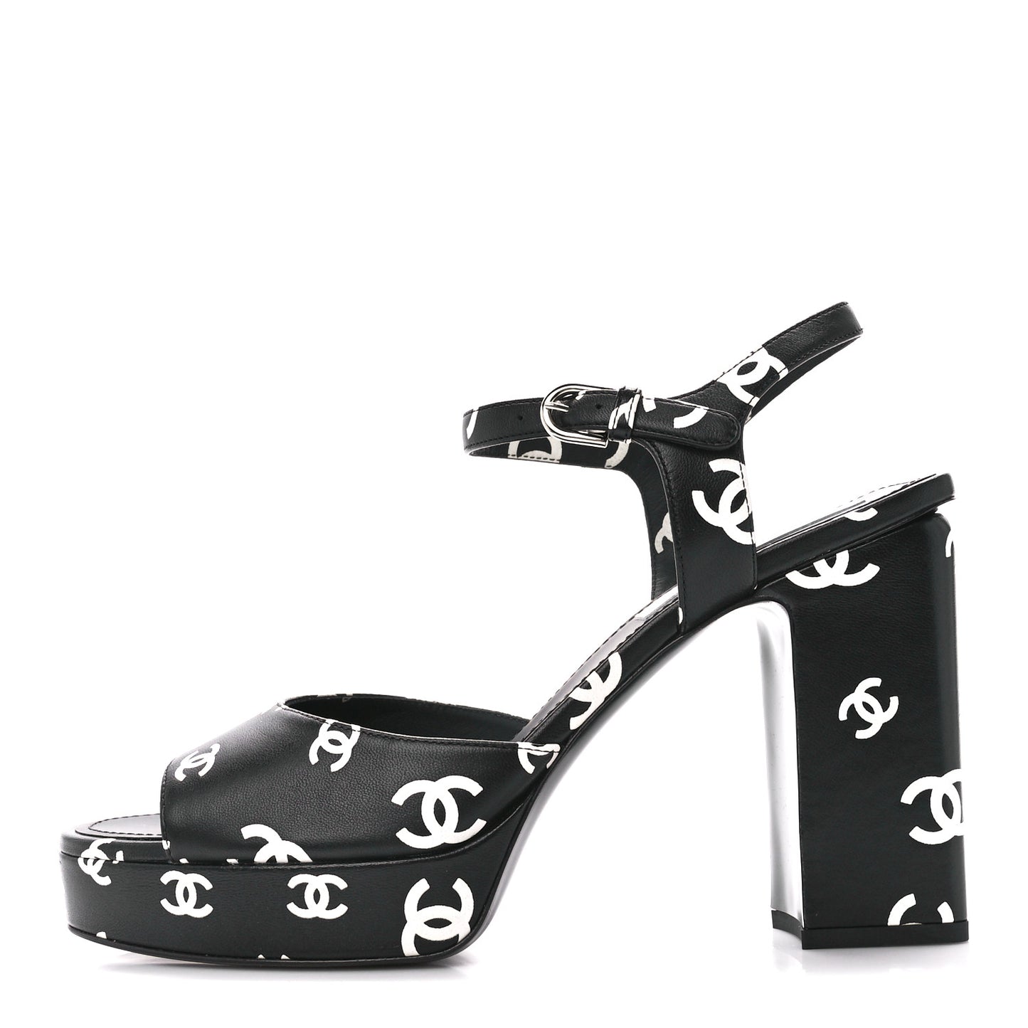 Printed Lambskin CC Platform Sandals 41 Black White