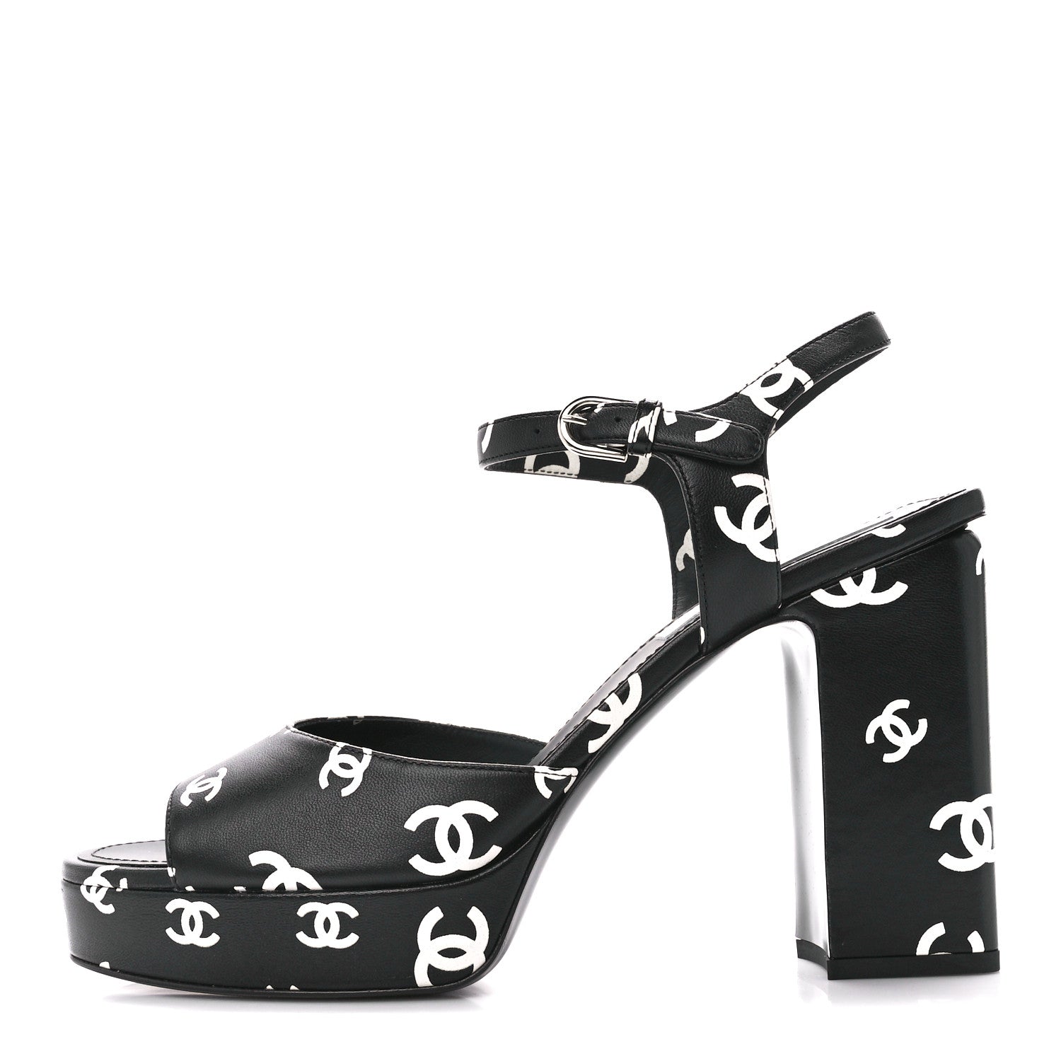 Chanel Printed Lambskin CC Platform Sandals 41 Black White 1 of 9