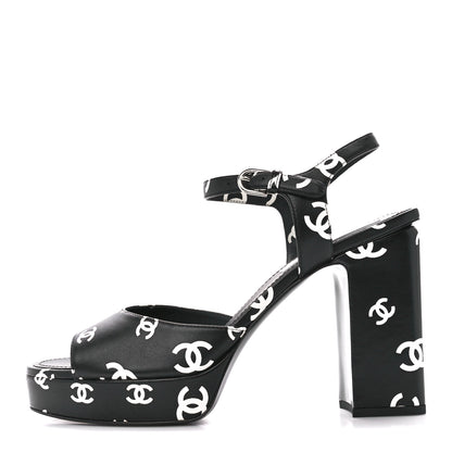 Chanel Printed Lambskin CC Platform Sandals 41 Black White 1 of 9